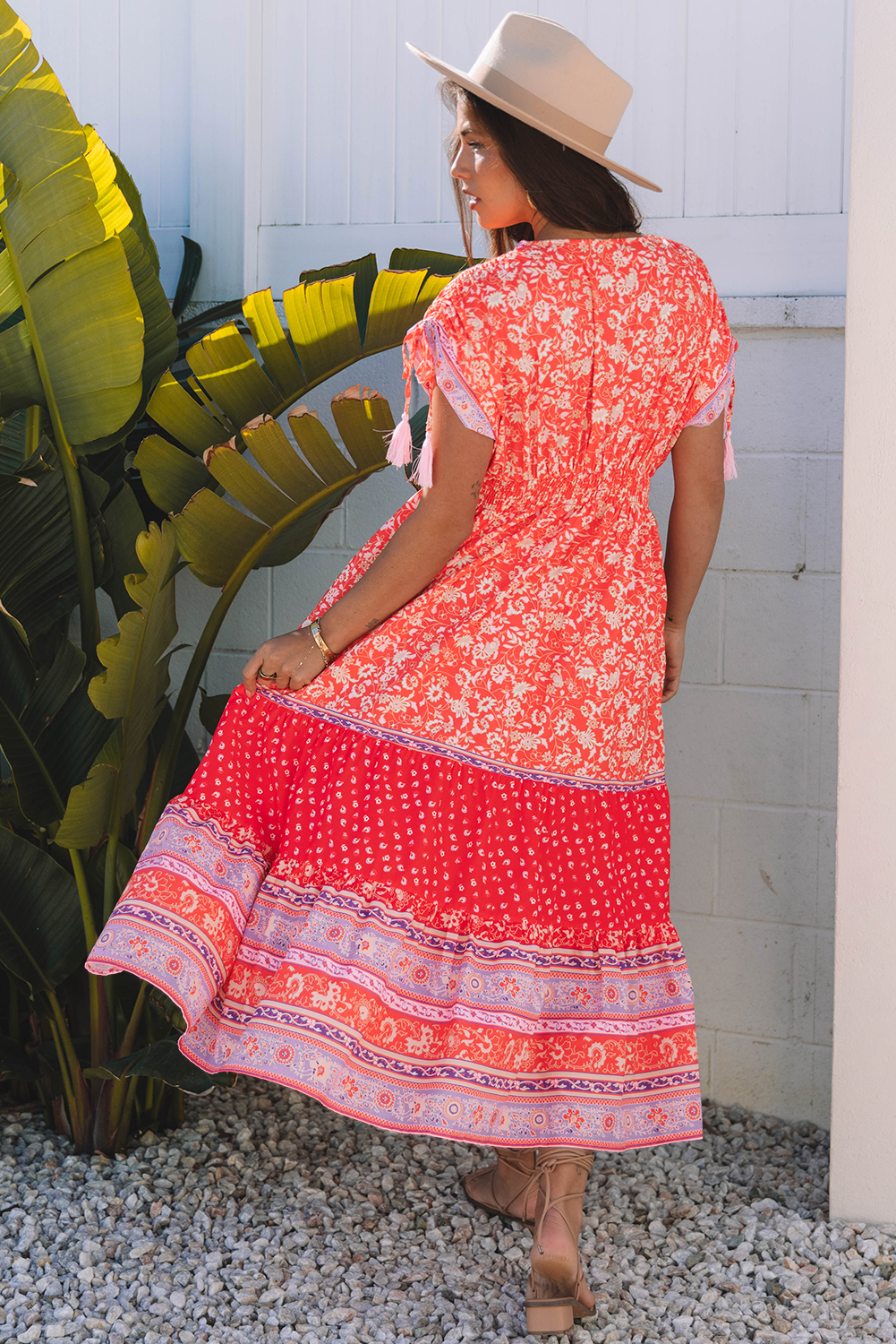 Red Floral Print Tasseled Tied Sleeve Empire Waist Maxi Dress-TOPS / DRESSES-[Adult]-[Female]-2022 Online Blue Zone Planet