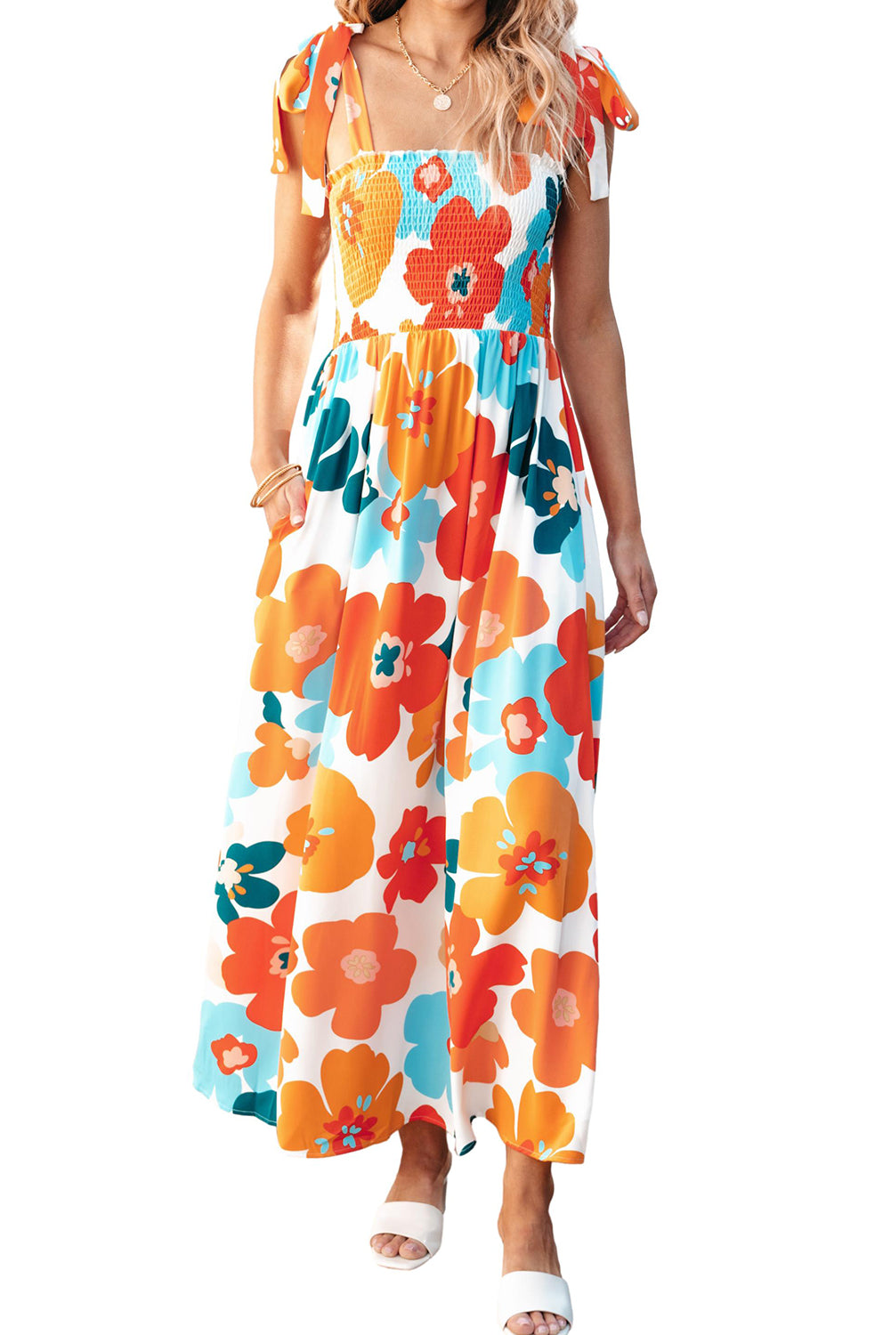 Orange Floral Self Tied Straps Smocked Bust Maxi Dress-Dresses/Floral Dresses-[Adult]-[Female]-2022 Online Blue Zone Planet