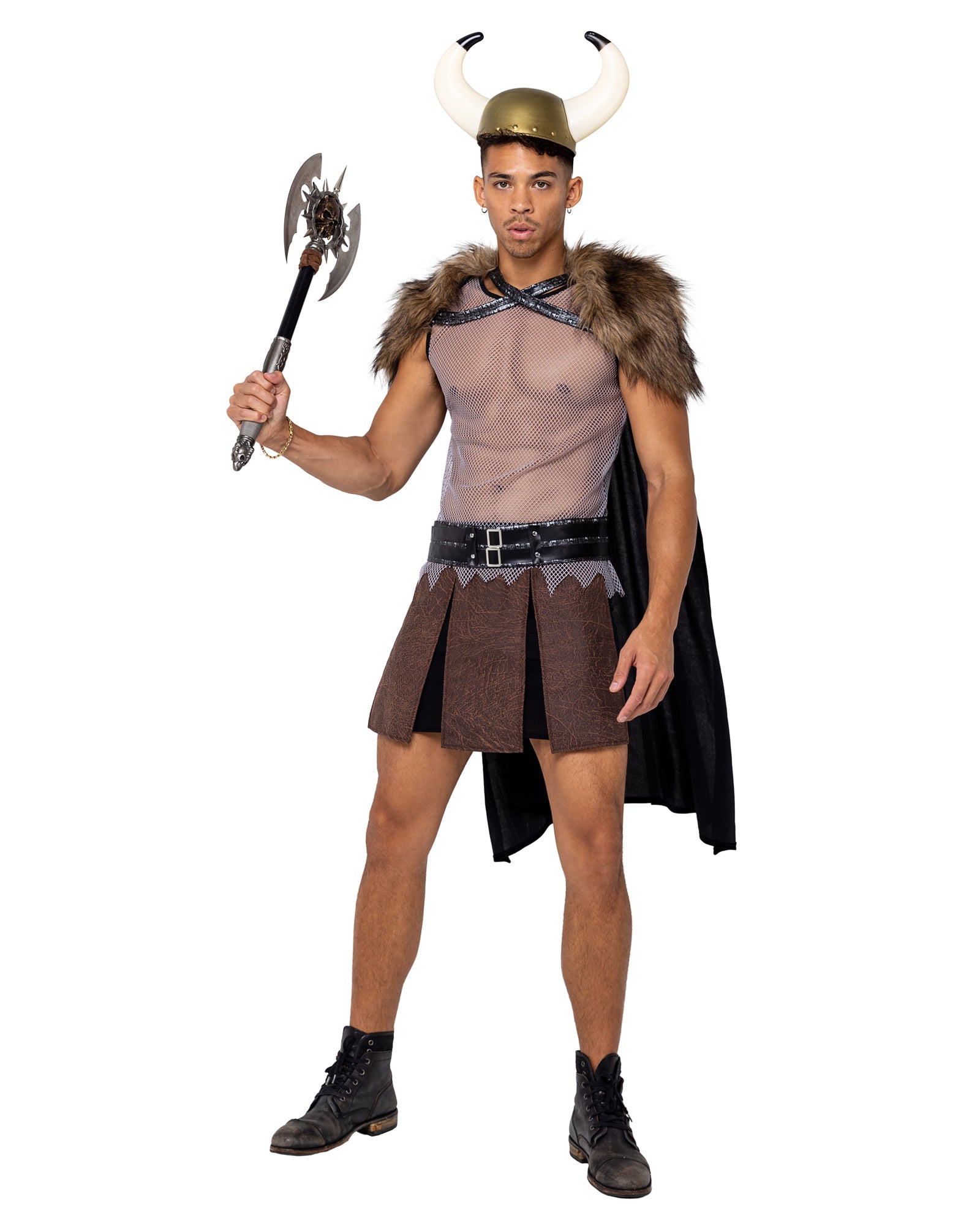 4 Piece Men���s Valiant Viking Warrior Halloween Costume-[Adult]-[Female]-Brown/Grey-S-2022 Online Blue Zone Planet