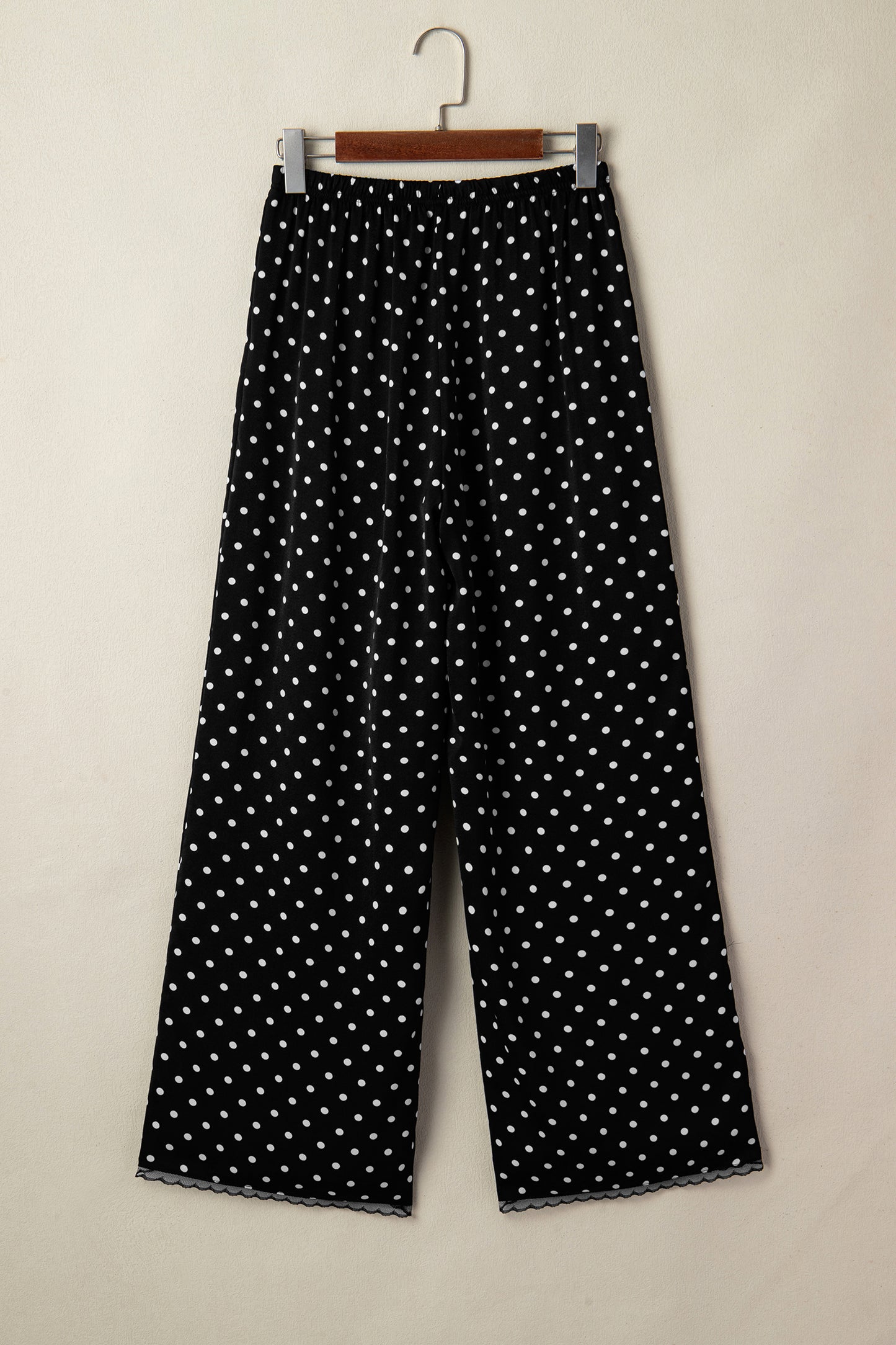 Black Polka Dot Print Elastic Waist Lace Hem Loose Pants-Bottoms/Pants & Culotte-[Adult]-[Female]-2022 Online Blue Zone Planet