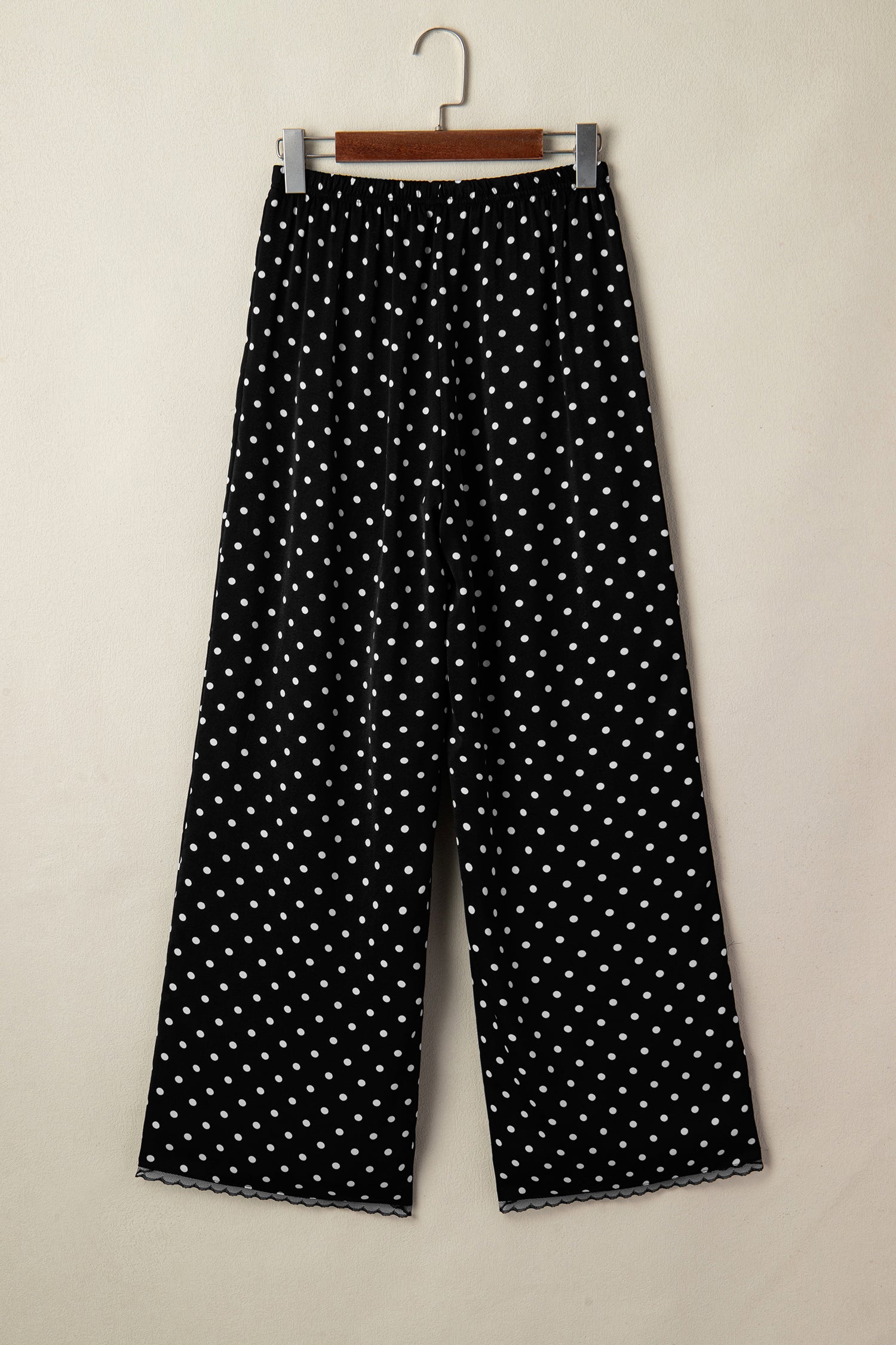 Black Polka Dot Print Elastic Waist Lace Hem Loose Pants-Bottoms/Pants & Culotte-[Adult]-[Female]-2022 Online Blue Zone Planet