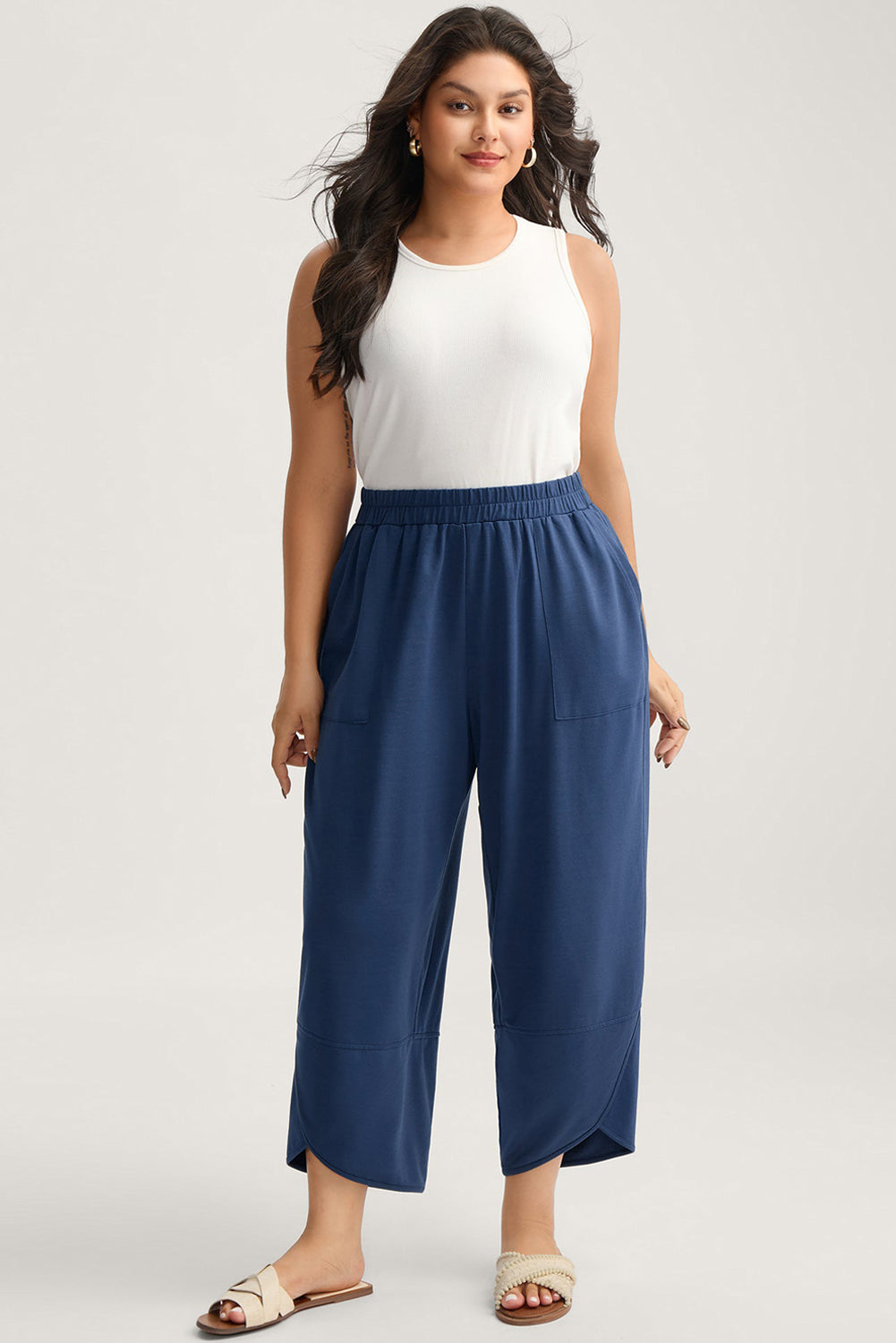 Sail Blue Plus Size Elastic Waist Asymmetrical Hem Loose Capris Pants-Plus Size/Plus Size Bottoms-[Adult]-[Female]-2022 Online Blue Zone Planet