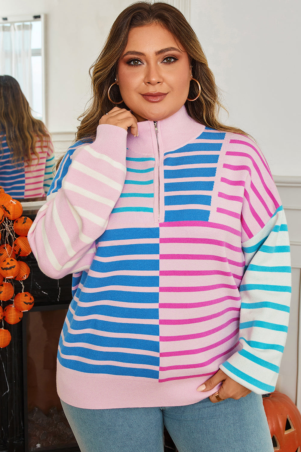 Sky Blue Stripe Colorblock Patchwork Plus Size Half Zip Sweater-TOPS / DRESSES-[Adult]-[Female]-2022 Online Blue Zone Planet
