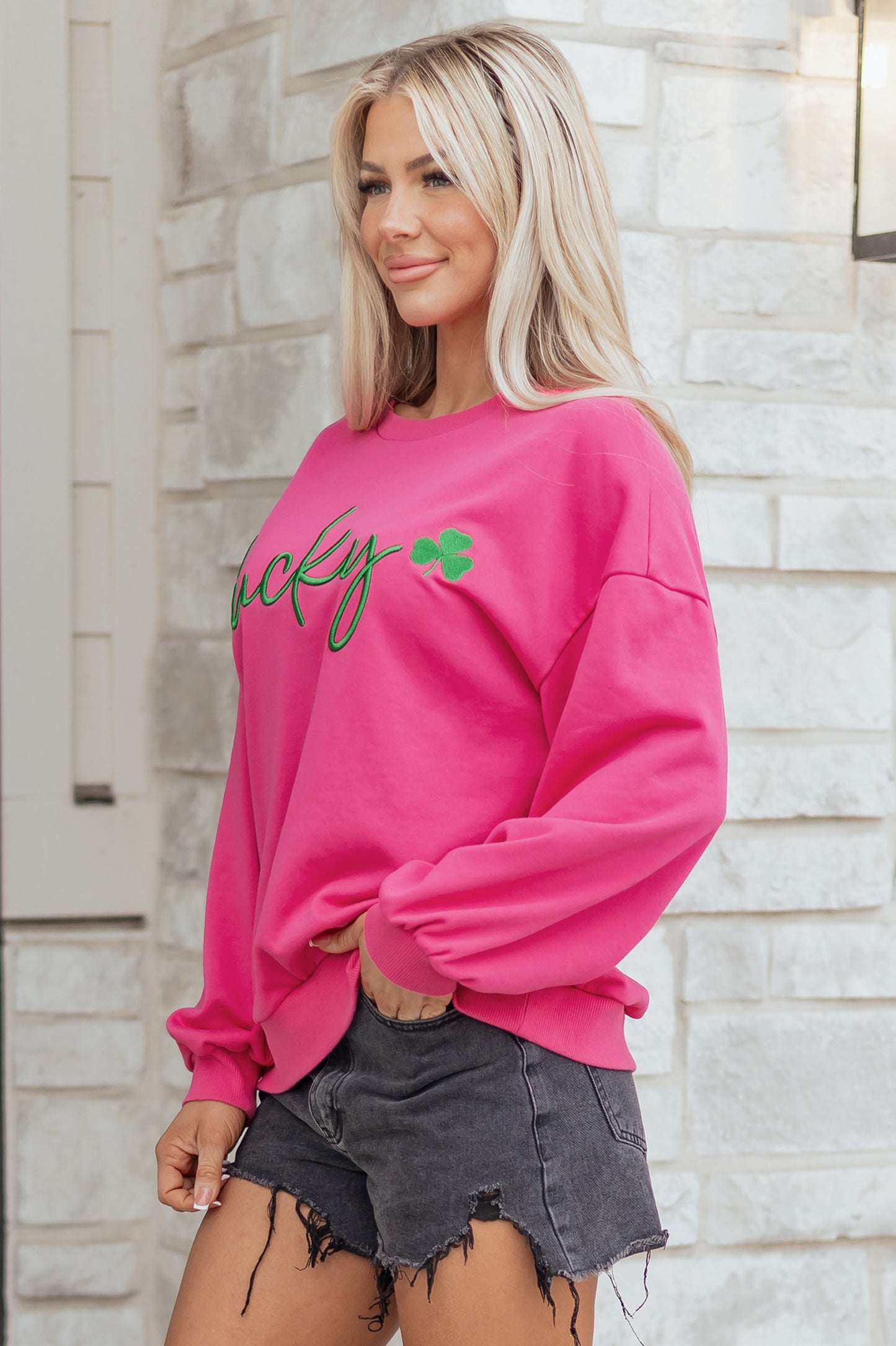 Rose Red Lucky Clover Embroidered Loose Pullover Sweatshirt-Tops/Sweatshirts & Hoodies-[Adult]-[Female]-2022 Online Blue Zone Planet