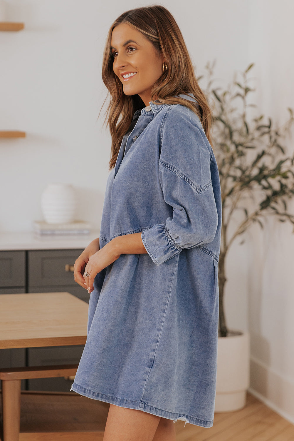 Blue Zone Planet | Sky Blue Buttoned Long Sleeve Denim Mini Dress-TOPS / DRESSES-[Adult]-[Female]-2022 Online Blue Zone Planet