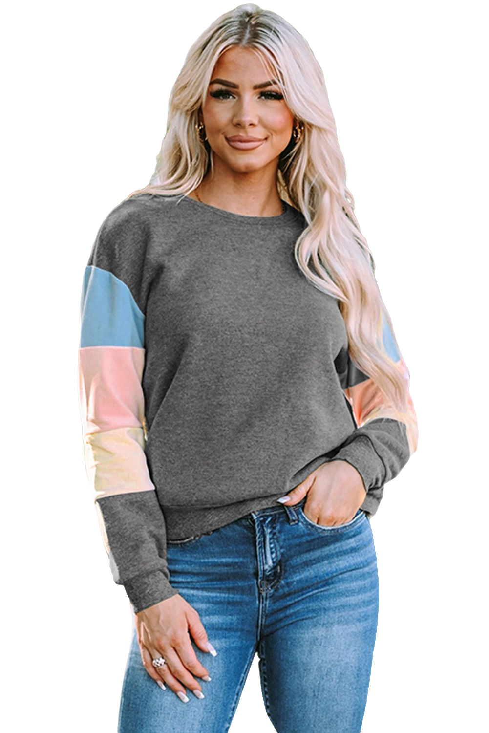 Gray Colorblock Long Sleeve Pullover Sweatshirt-Tops/Sweatshirts & Hoodies-[Adult]-[Female]-2022 Online Blue Zone Planet