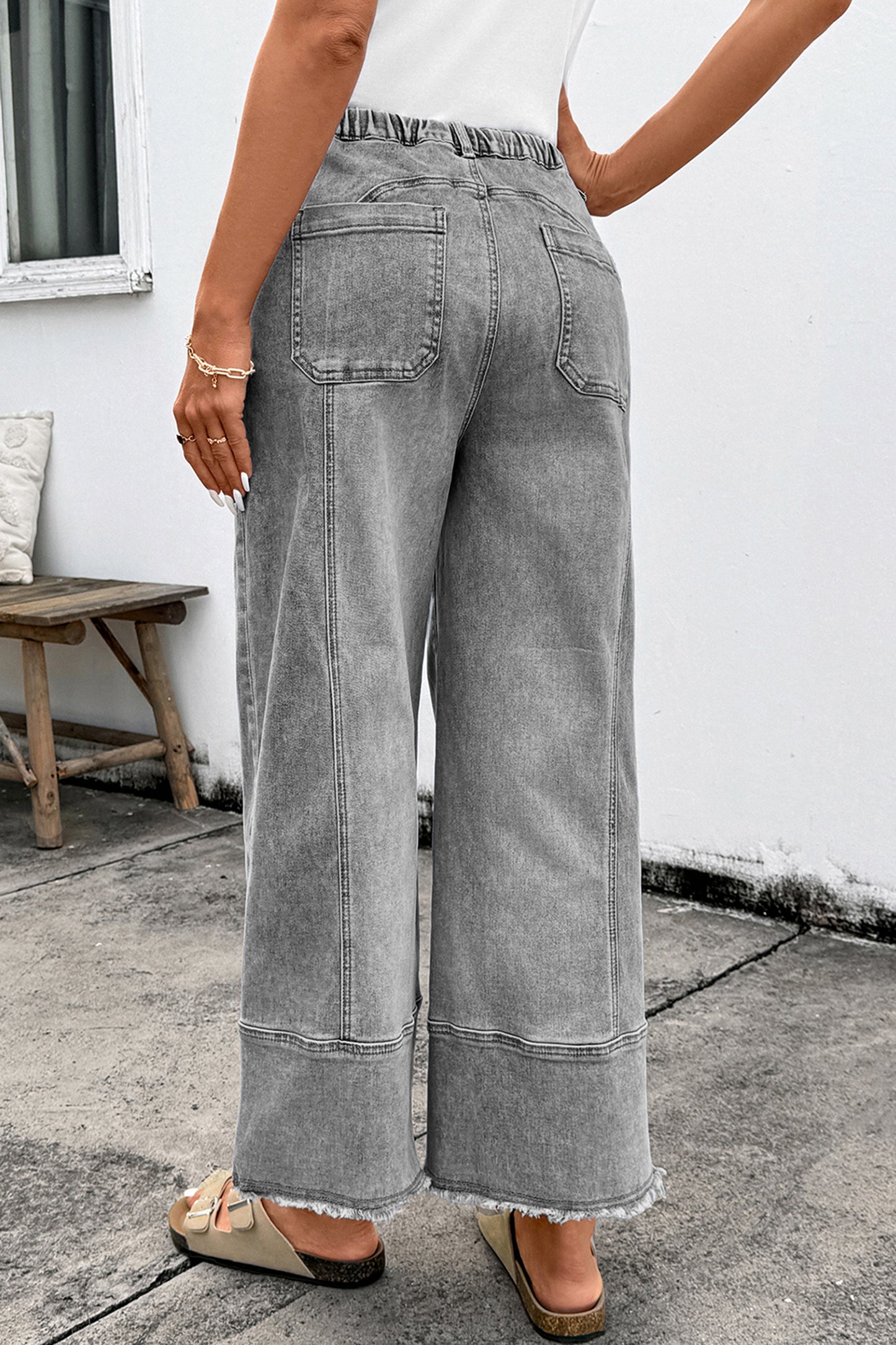 Gray Drawstring Seam Detail Raw Hem Wide Leg Denim Pants-Bottoms/Jeans-[Adult]-[Female]-2022 Online Blue Zone Planet
