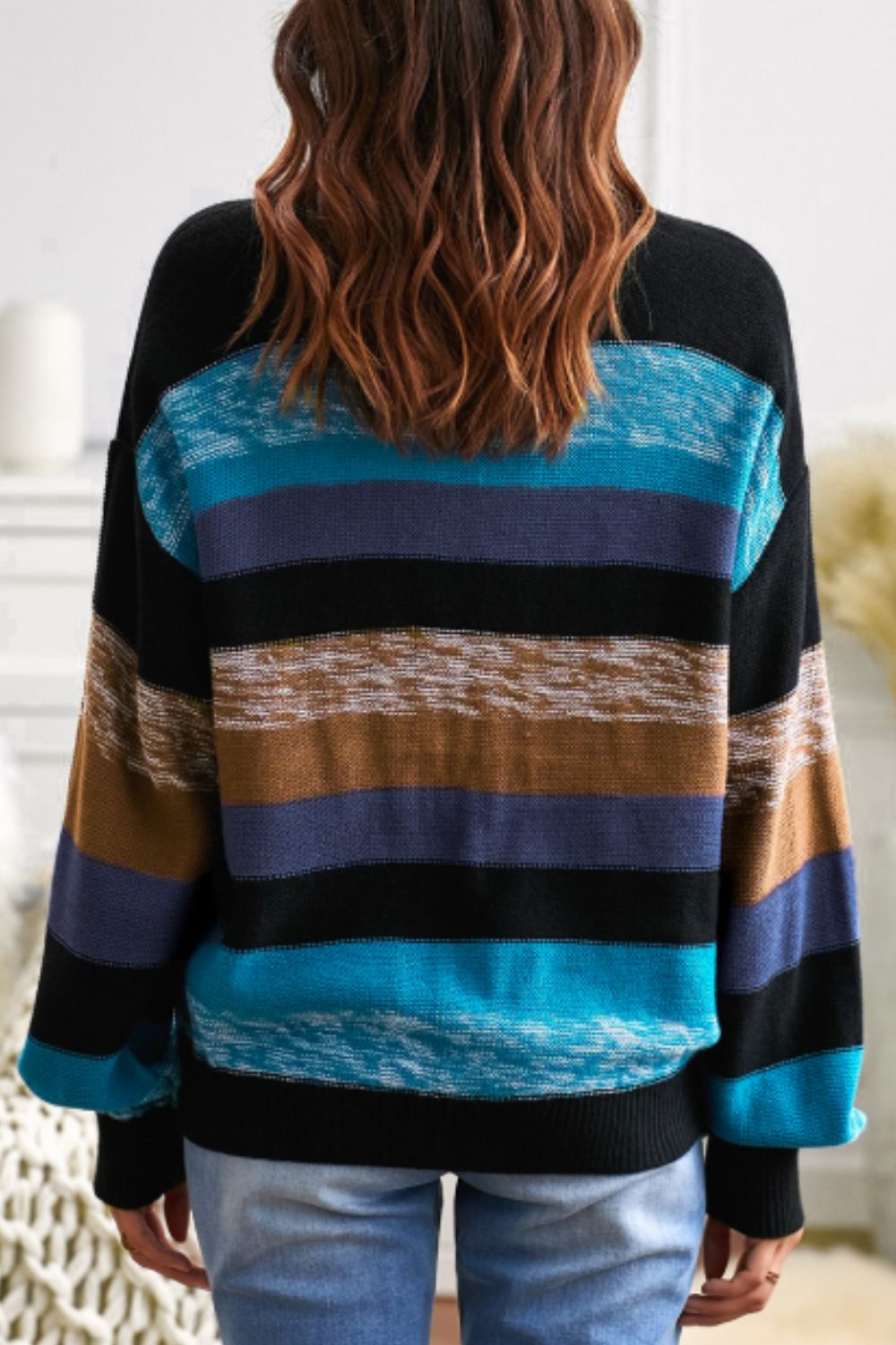 Contrast Striped Round Neck Drop Shoulder Sweater-TOPS / DRESSES-[Adult]-[Female]-2022 Online Blue Zone Planet