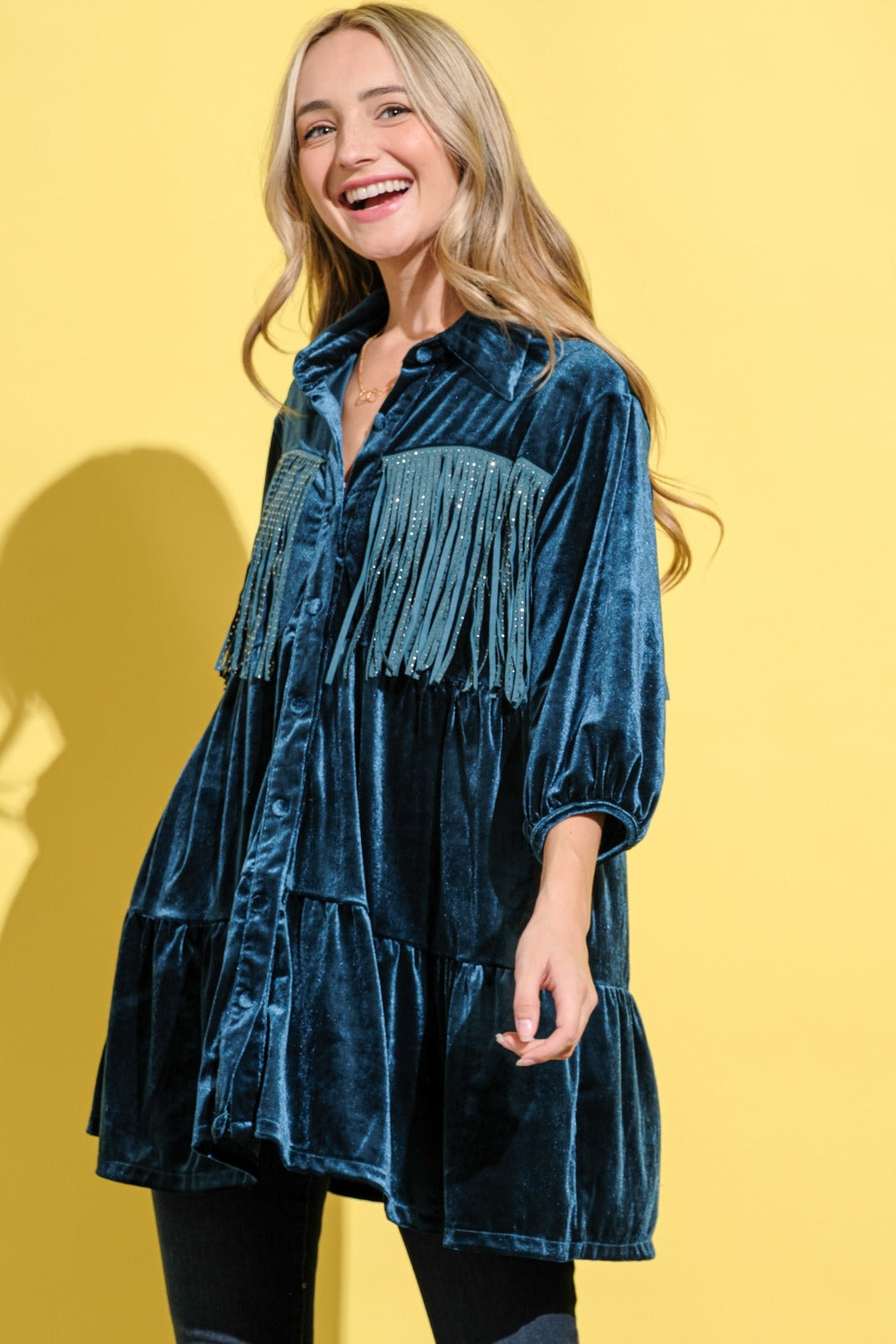 And The Why Fringe Detailed Velvet Shirt Dress-TOPS / DRESSES-[Adult]-[Female]-2022 Online Blue Zone Planet