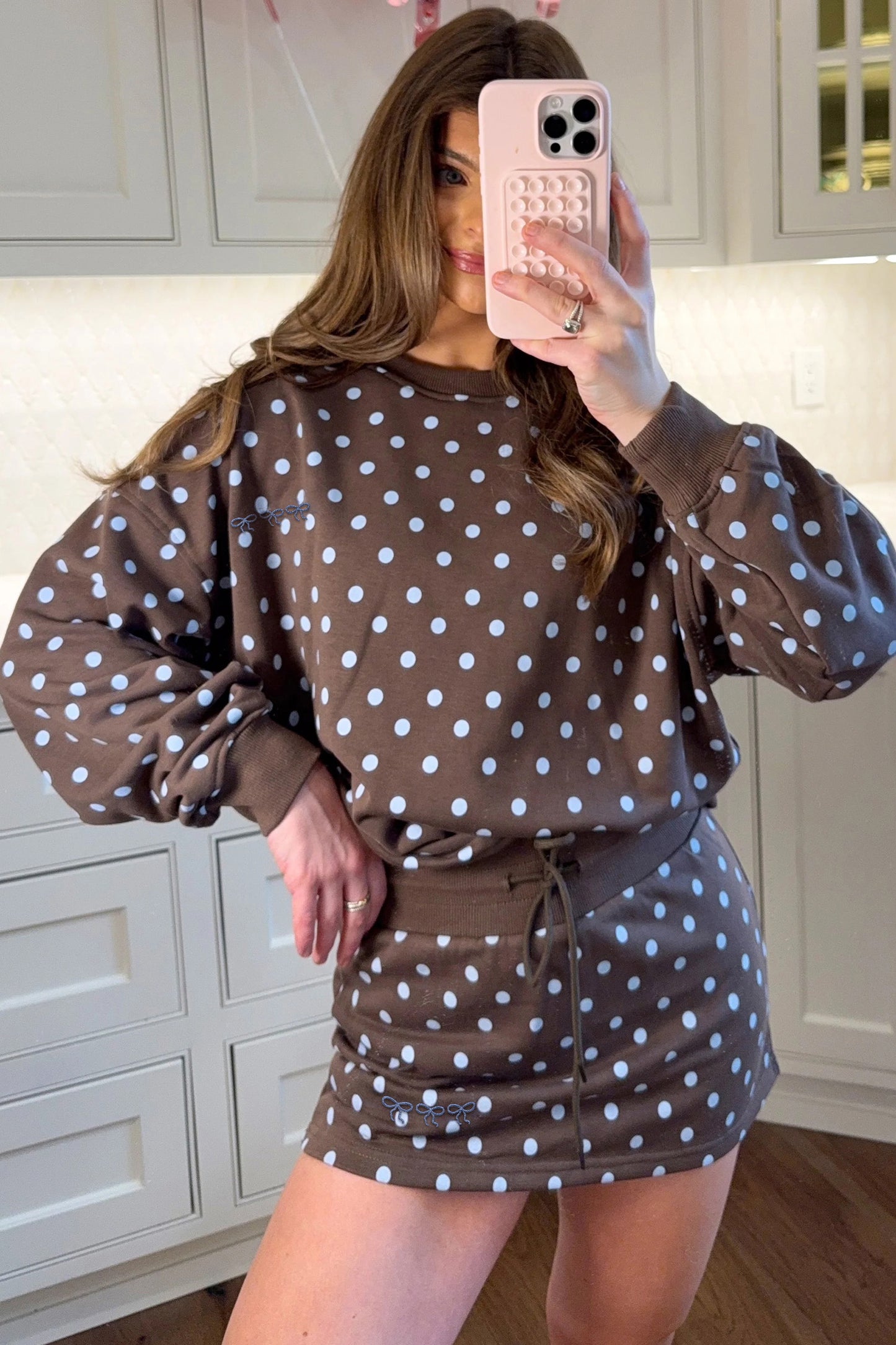 Brown Polka Dot Long Sleeve Pullover Embroidered Bow Detail 2pcs Skort Set