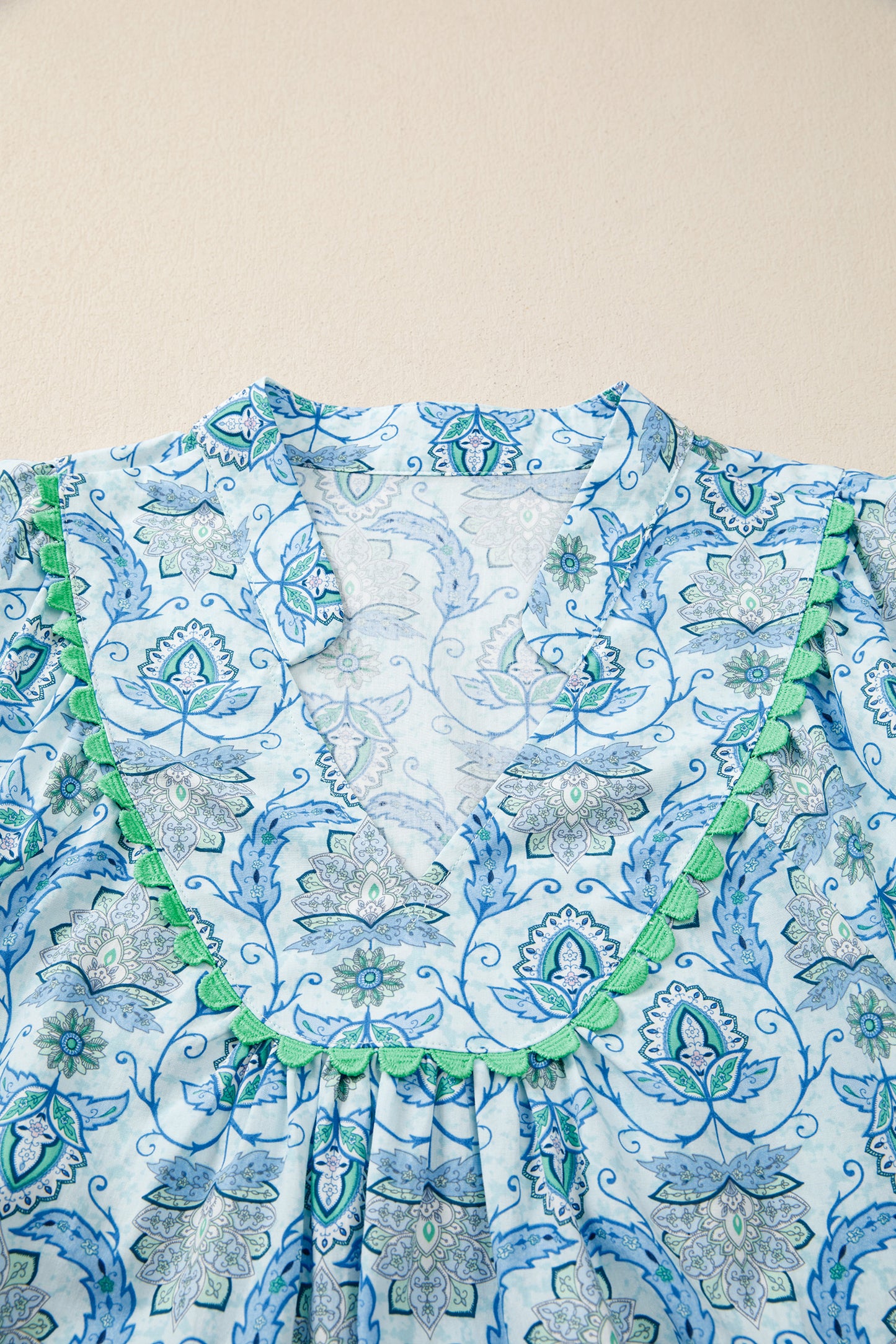 Sky Blue Boho Paisley Print Contrasted Patchwork Detail Bracelet Sleeve Loose Mini Dress