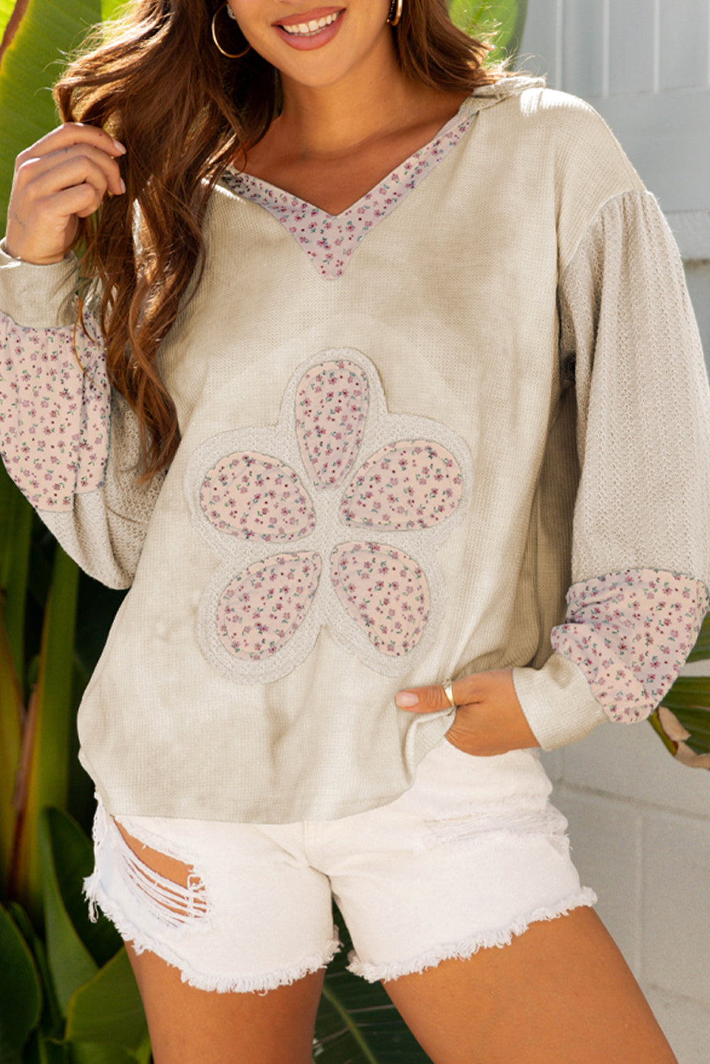 Pink Floral Patched Waffle Textured Colorblock V Neck Casual Hooded Top-Tops / Dresses-[Adult]-[Female]-2022 Online Blue Zone Planet