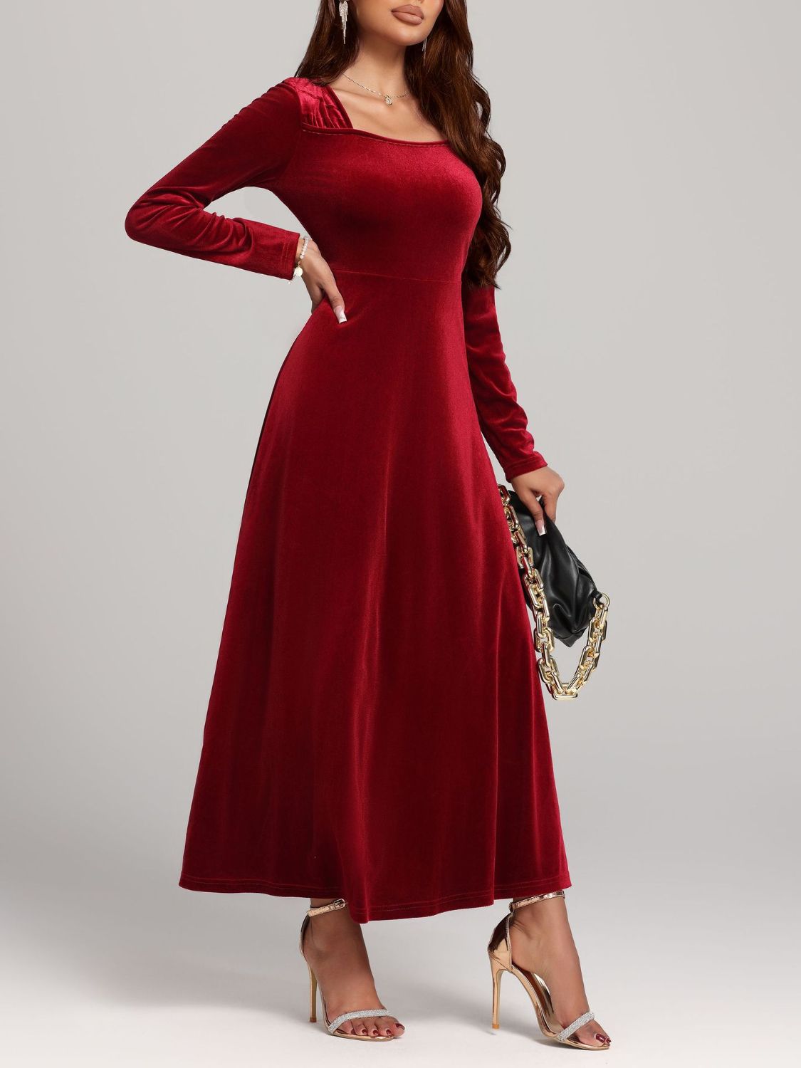 Blue Zone Planet | Square Neck Long Sleeve Velvet Dress-TOPS / DRESSES-[Adult]-[Female]-2022 Online Blue Zone Planet