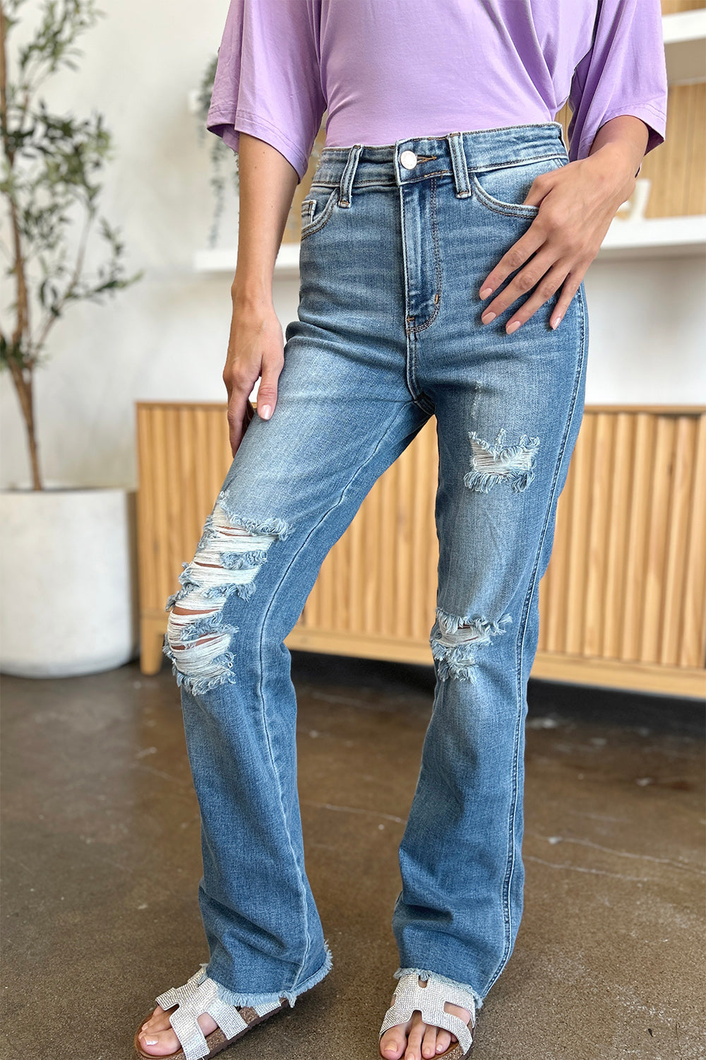 Judy Blue Full Size Distressed Raw Hem Bootcut Jeans-BOTTOM SIZES SMALL MEDIUM LARGE-[Adult]-[Female]-2022 Online Blue Zone Planet