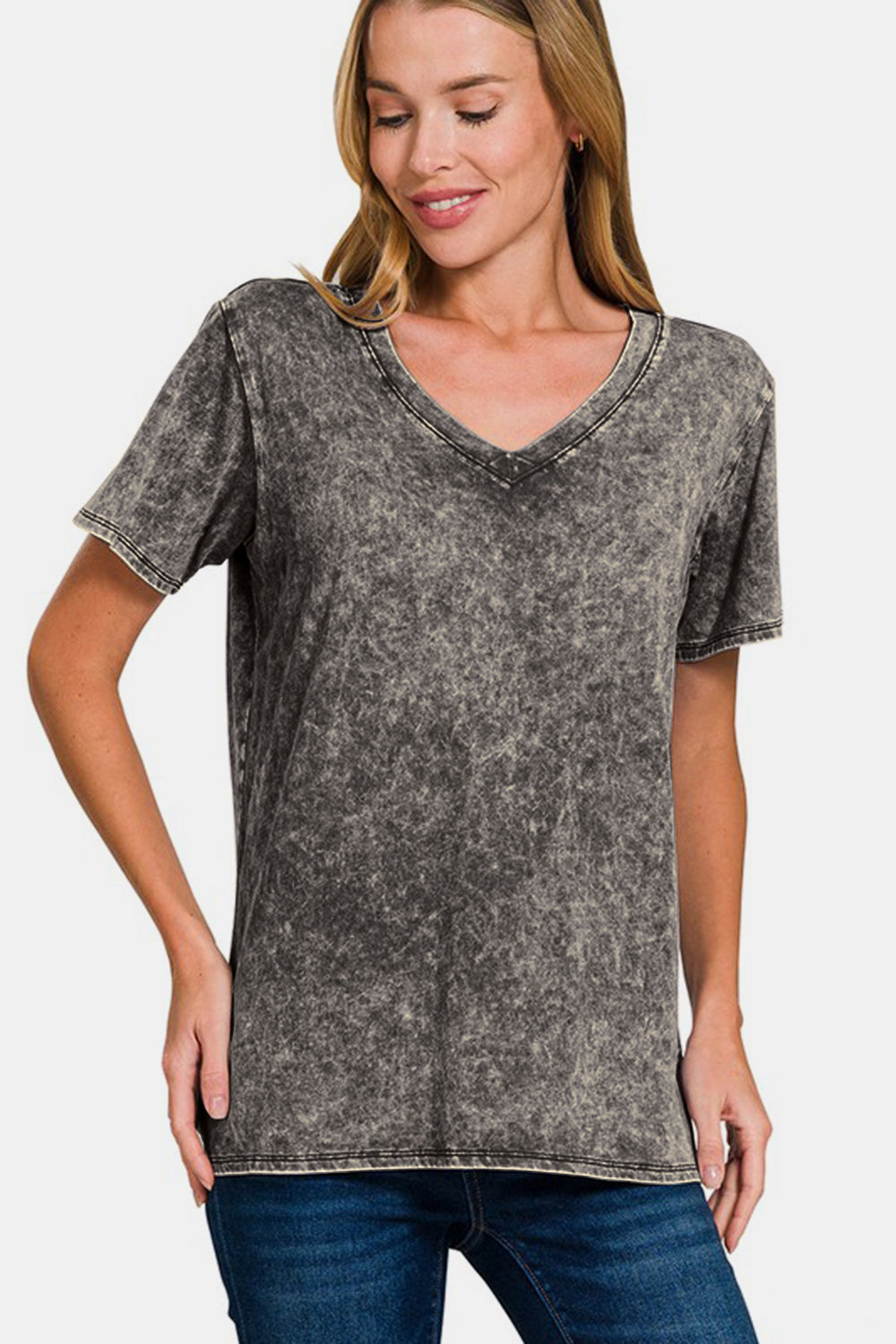 Zenana Full Size Washed Short Sleeve V-Neck T-Shirt-TOPS / DRESSES-[Adult]-[Female]-Dark Gray-S-2022 Online Blue Zone Planet