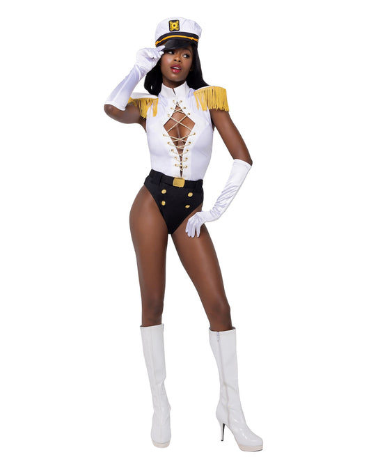 3 Piece Nautical Sailor Captain Halloween Costume-[Adult]-[Female]-White/Black/Gold-S-2022 Online Blue Zone Planet