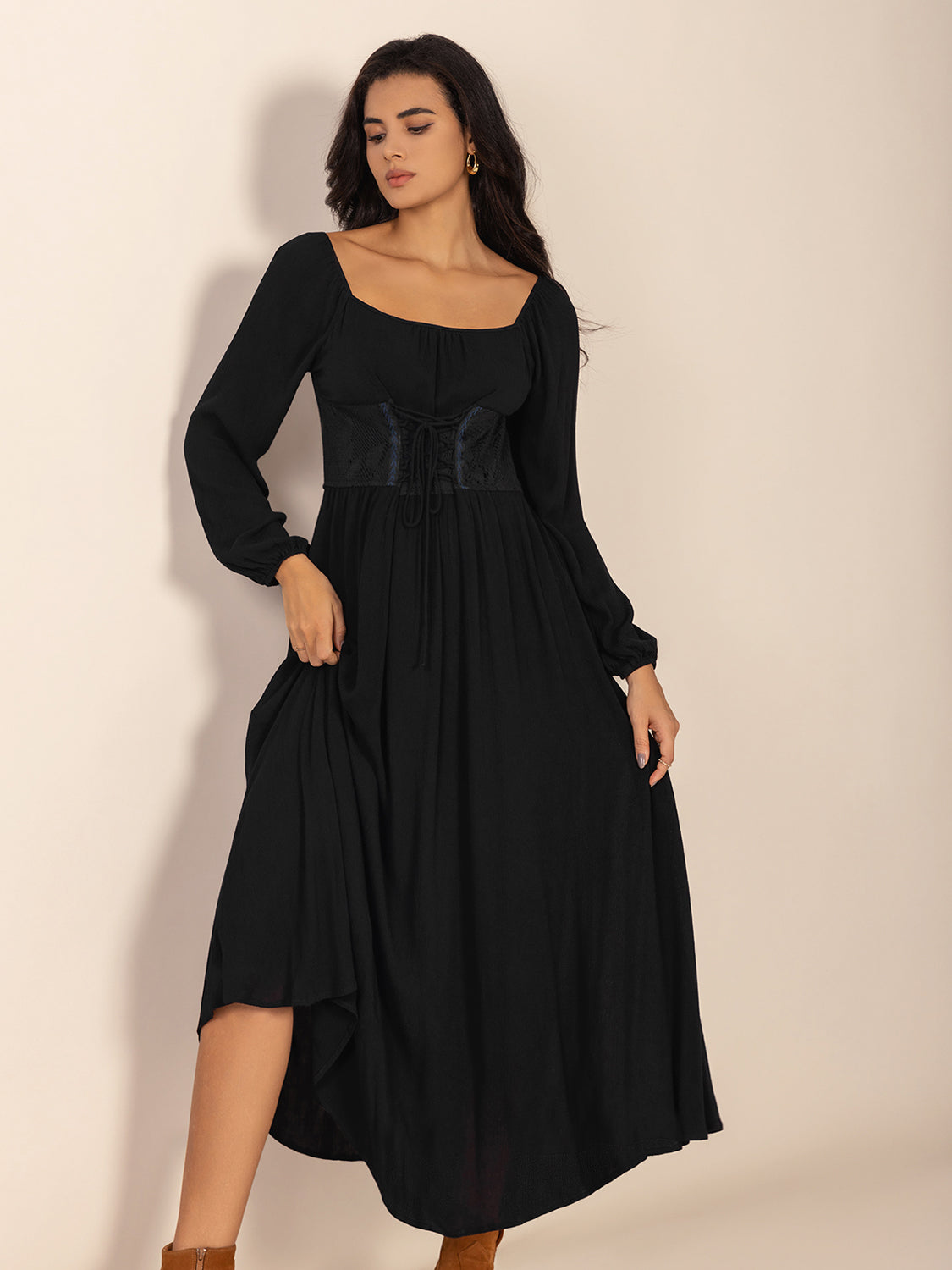 Lace-Up Square Neck Long Sleeve Midi Dress-TOPS / DRESSES-[Adult]-[Female]-2022 Online Blue Zone Planet