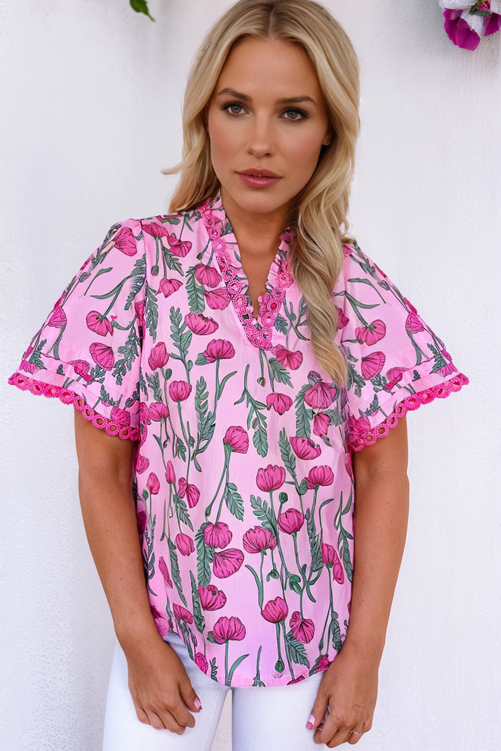 Pink Floral Lace Detail Frilled V Neck Summer Blouse-Tops/Blouses & Shirts-[Adult]-[Female]-2022 Online Blue Zone Planet
