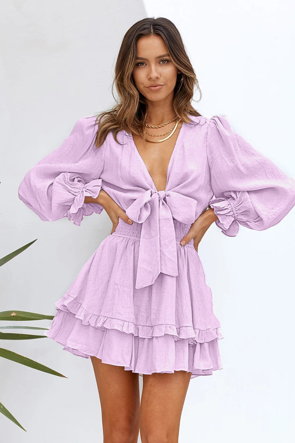 Blue Zone Planet | Deep V Neck Lantern Sleeve Knotted Tiered Mini Dress-TOPS / DRESSES-[Adult]-[Female]-2022 Online Blue Zone Planet