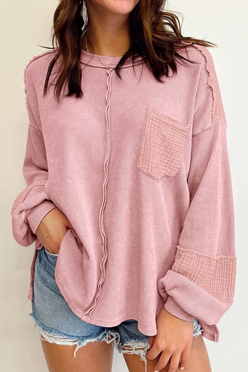 Exposed Seam Round Neck Long Sleeve Sweatshirt-TOPS / DRESSES-[Adult]-[Female]-Dusty Pink-S-2022 Online Blue Zone Planet