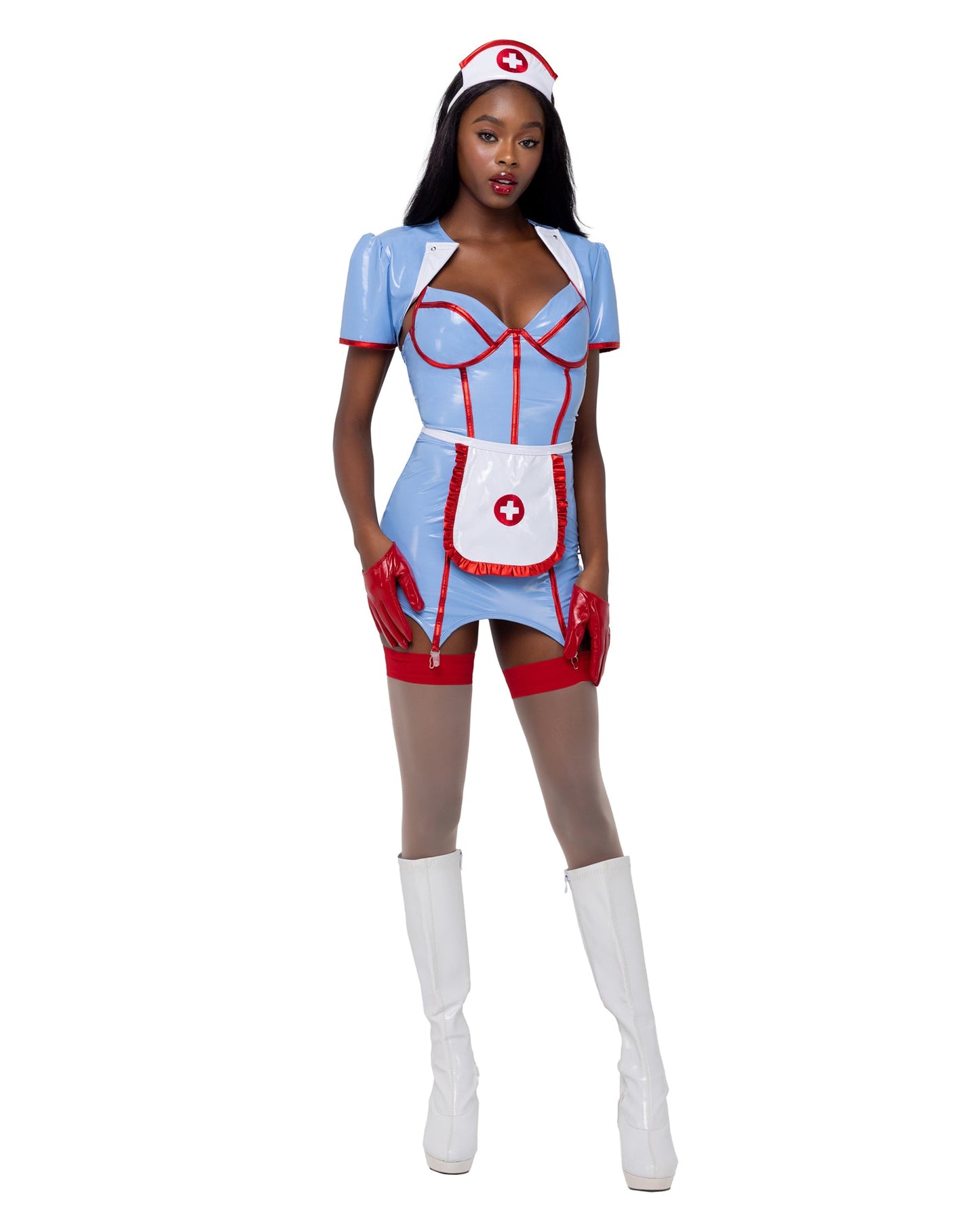 4 Piece Retro Nurse Halloween Costume-[Adult]-[Female]-Blue/Red/White-S-2022 Online Blue Zone Planet