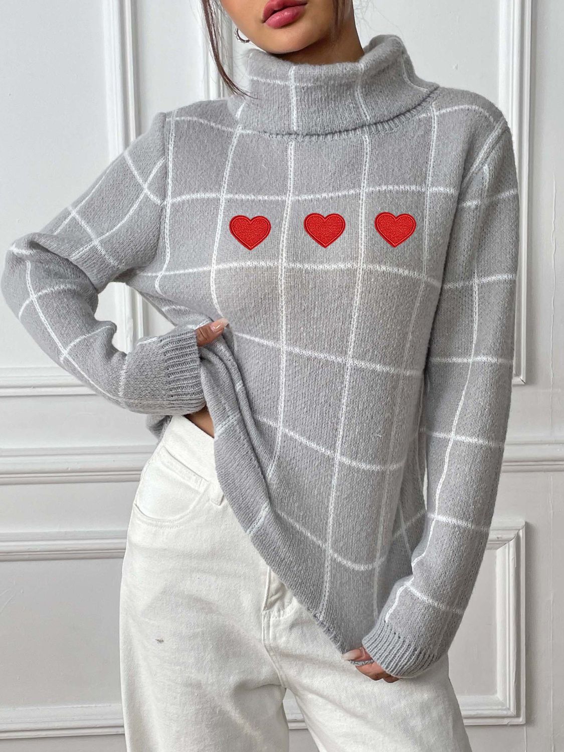 Heart Plaid Turtleneck Long Sleeve Sweater-TOPS / DRESSES-[Adult]-[Female]-2022 Online Blue Zone Planet