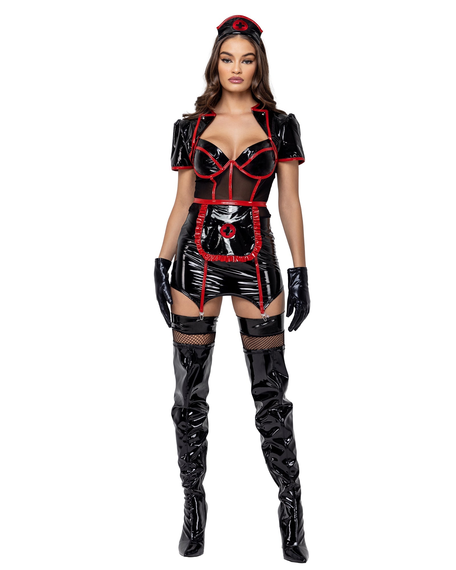 4 Piece Ravishing Nurse Halloween Costume-[Adult]-[Female]-Black/Red-S-2022 Online Blue Zone Planet