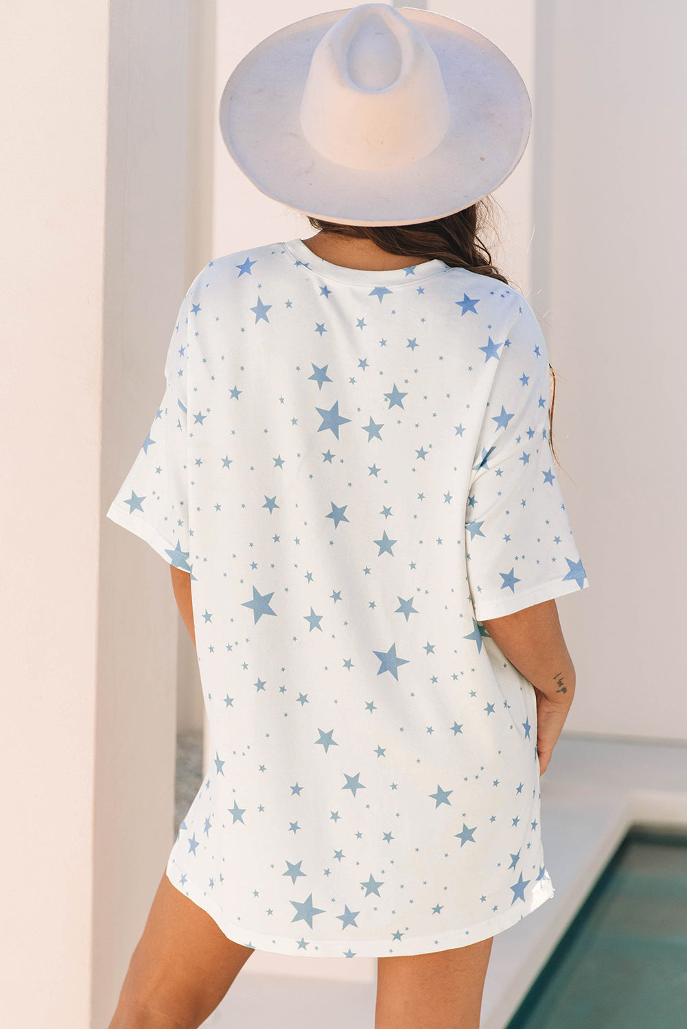 Sky Blue Stars Print Drop Shoulder Oversized T Shirt With Slits-Tops/Tops & Tees-[Adult]-[Female]-2022 Online Blue Zone Planet