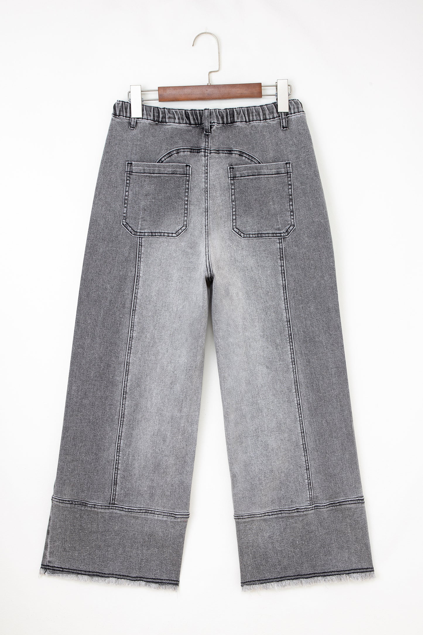Gray Drawstring Seam Detail Raw Hem Wide Leg Denim Pants-Bottoms/Jeans-[Adult]-[Female]-2022 Online Blue Zone Planet