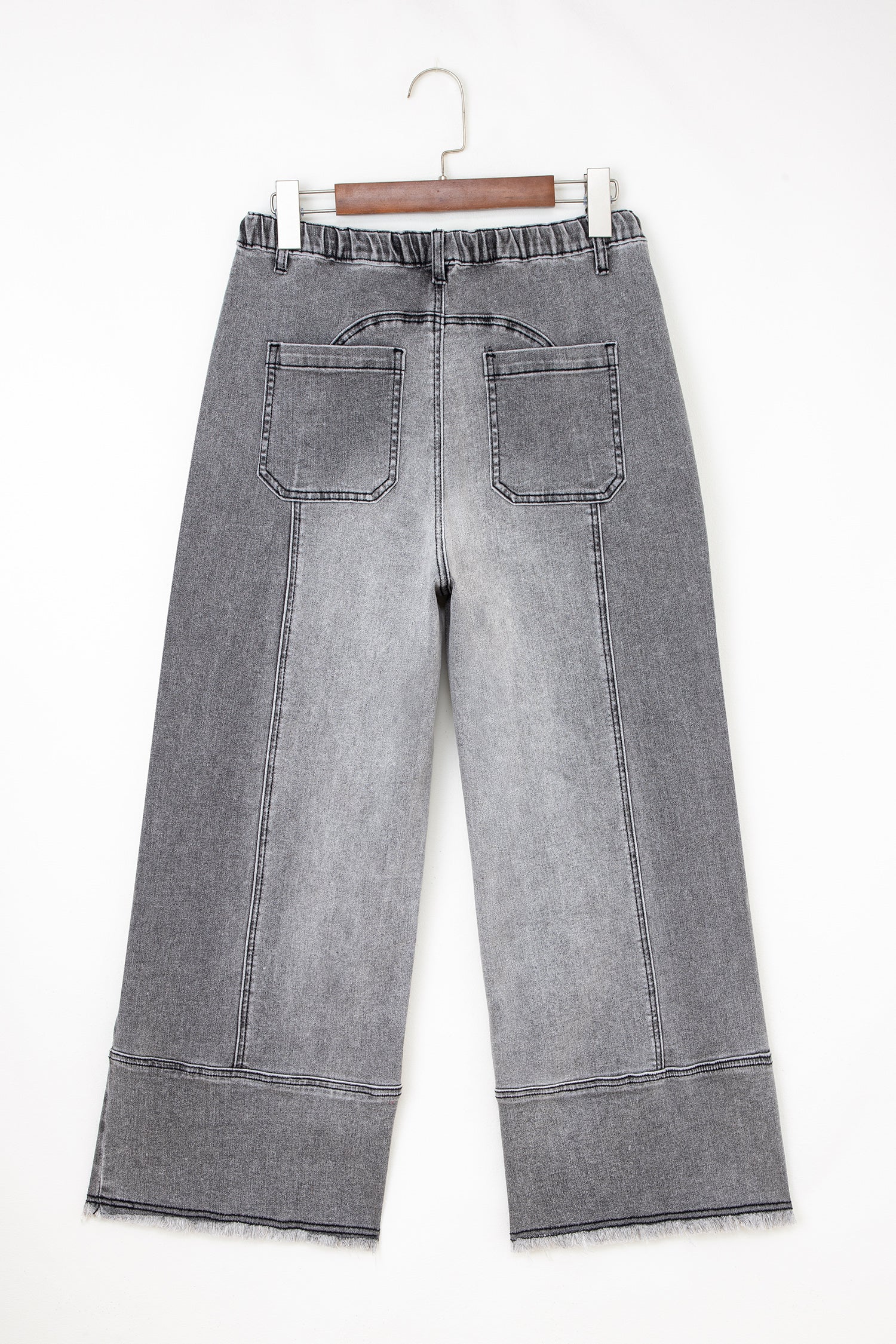 Gray Drawstring Seam Detail Raw Hem Wide Leg Denim Pants-Bottoms/Jeans-[Adult]-[Female]-2022 Online Blue Zone Planet