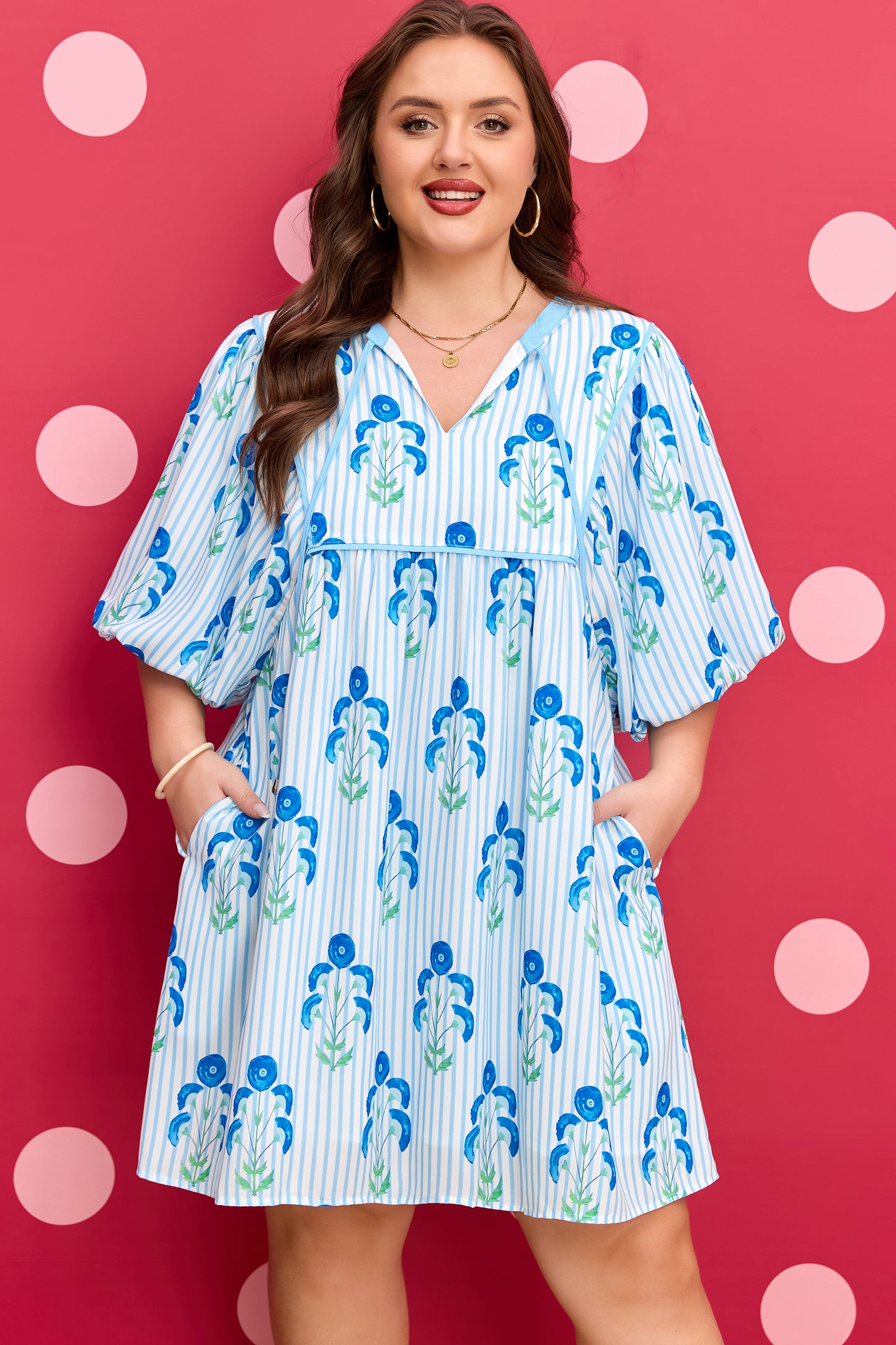 Sky Blue Floral Striped Bubble Short Sleeve Plus Size Dress-TOPS / DRESSES-[Adult]-[Female]-2022 Online Blue Zone Planet