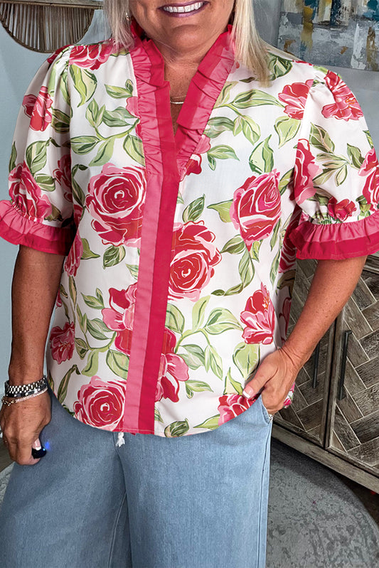 Rose Plus Size Floral Print Frilled Stripes Detail Short Sleeve Blouse-Plus Size/Plus Size Tops/Plus Size Blouses & Shirts-[Adult]-[Female]-2022 Online Blue Zone Planet
