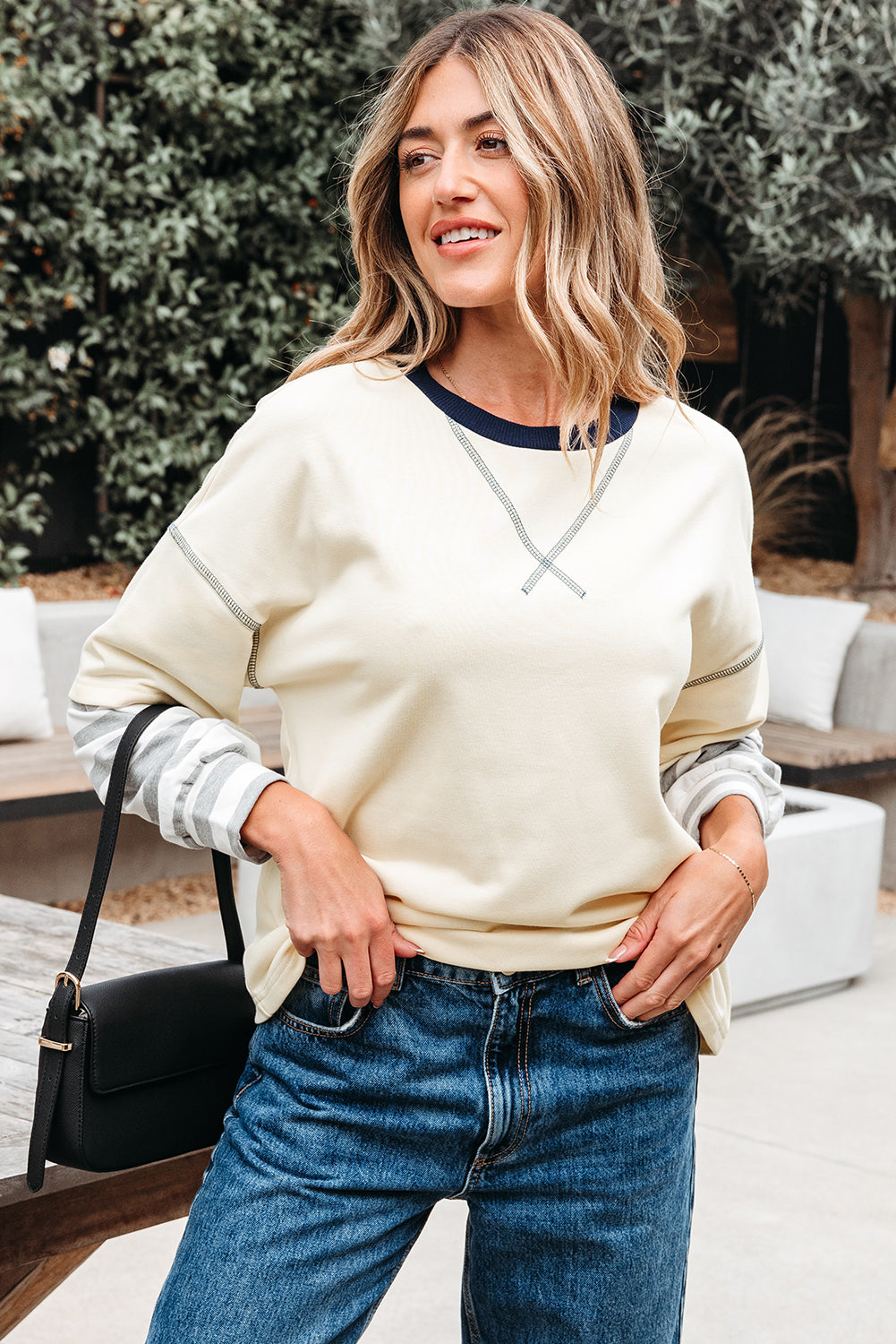 Beige Striped Patchwork Long Sleeve Round Neck Two-In-One Top-Tops/Long Sleeve Tops-[Adult]-[Female]-2022 Online Blue Zone Planet
