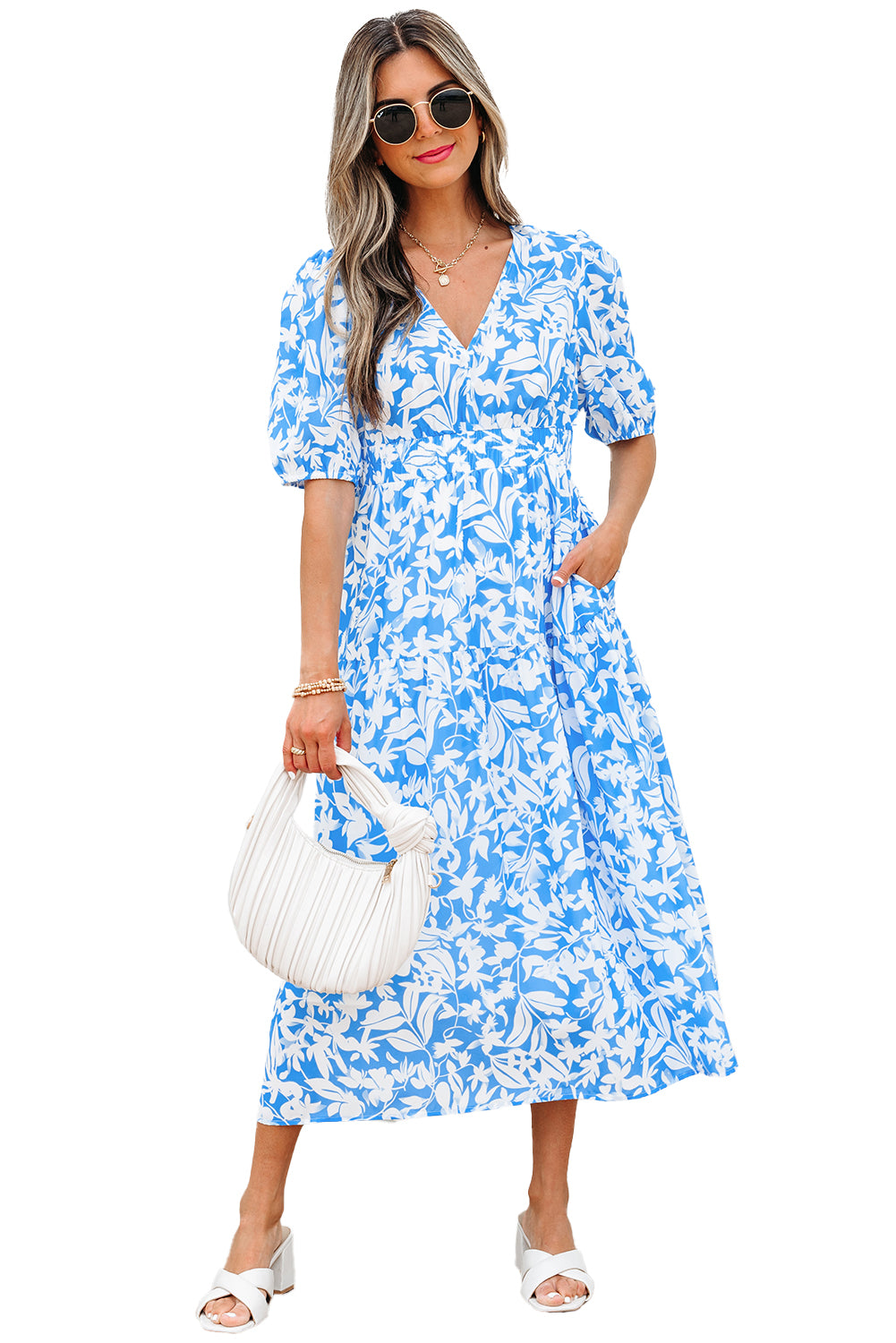 Sky Blue Floral V Neck Puff Short Sleeve Flowy Long Dress-TOPS / DRESSES-[Adult]-[Female]-2022 Online Blue Zone Planet