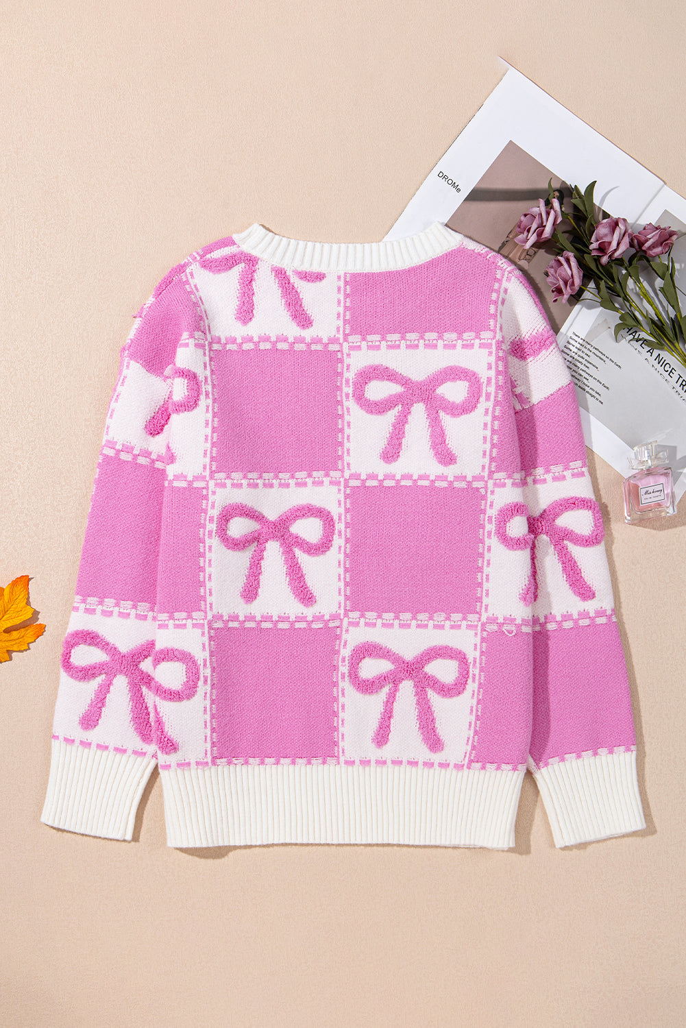 Pink Bow Knot Two Tone Checkered Crew Neck Sweater-Sweaters & Cardigans/Sweaters-[Adult]-[Female]-2022 Online Blue Zone Planet