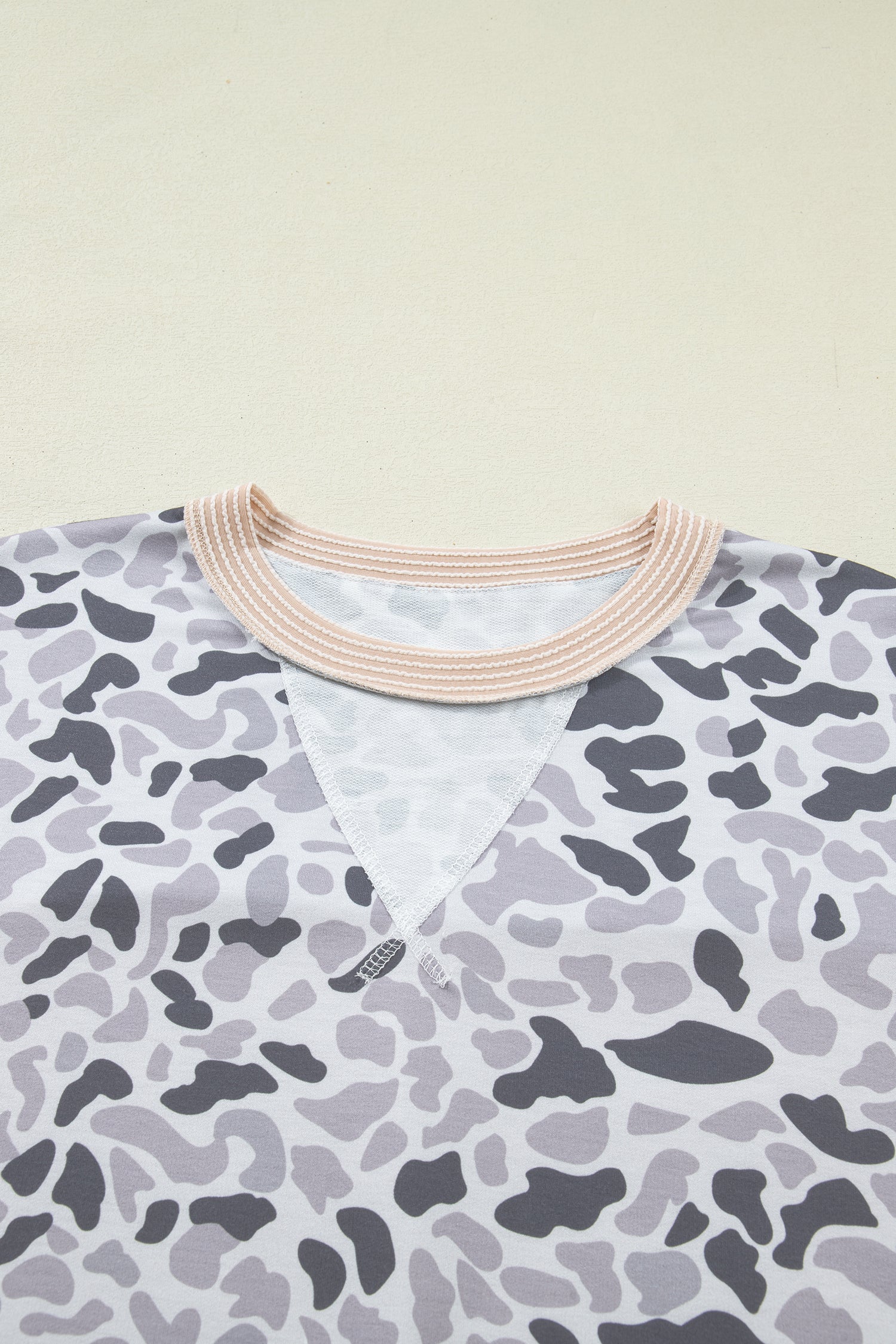 Gray Camouflage Print Twisted Ribbed Patchwork Casual T Shirt-Tops/Tops & Tees-[Adult]-[Female]-2022 Online Blue Zone Planet