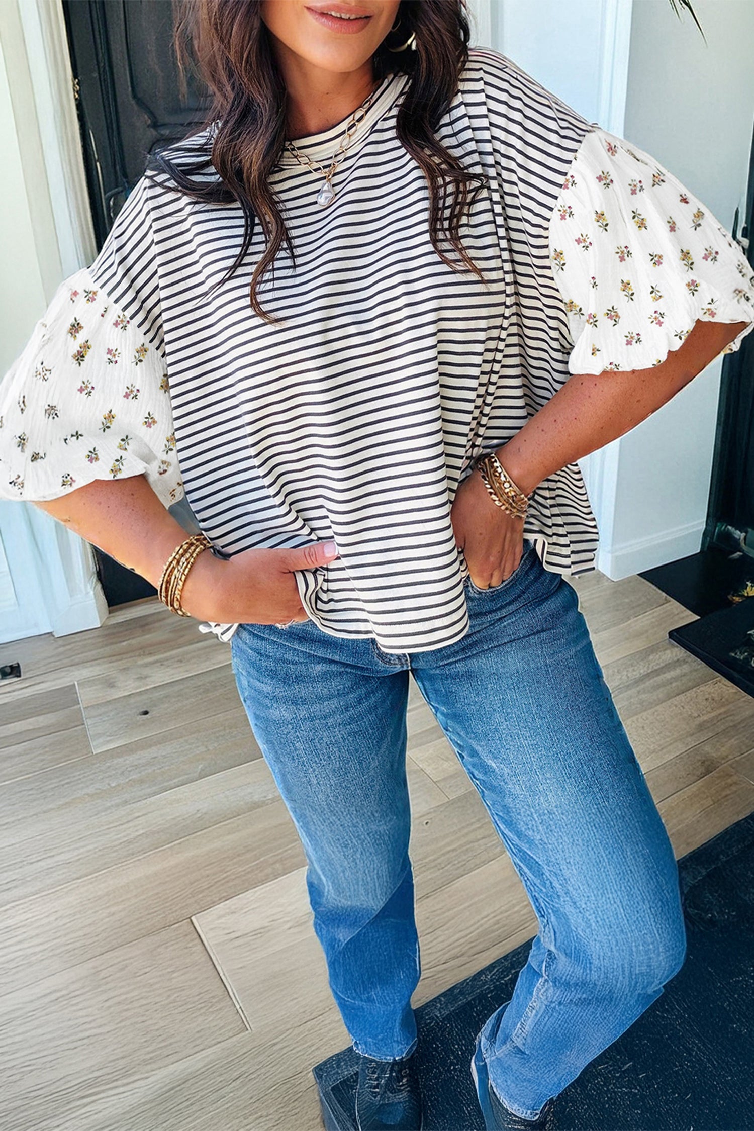 Black Stripe Floral Puff Sleeve Patchwork Round Neck Loose Top-Tops/Blouses & Shirts-[Adult]-[Female]-2022 Online Blue Zone Planet