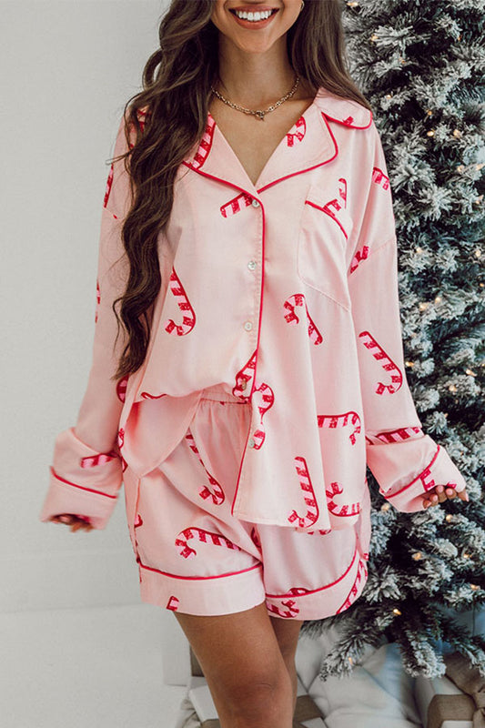 Pink Christmas Candy Cane Print Shirt and Shorts Pajama Set-Loungewear & Sleepwear/Sleepwear-[Adult]-[Female]-Pink-S-2022 Online Blue Zone Planet