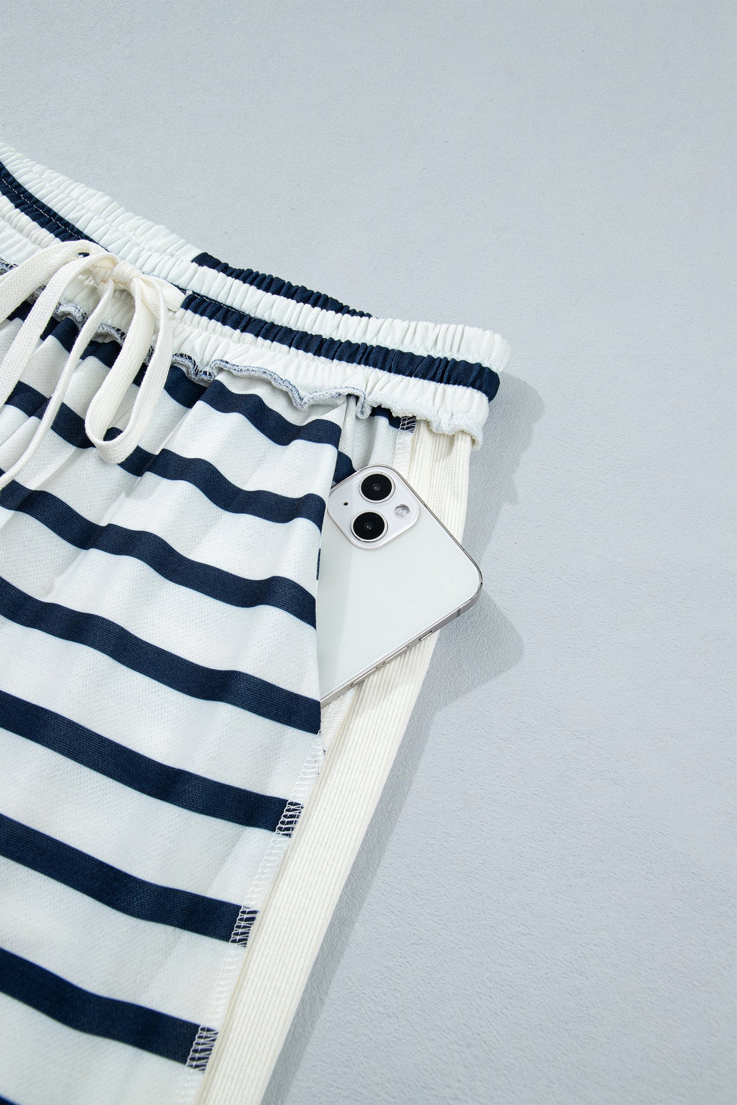 Blue Stripe Striped Ribbed Cuff Collar Pocket Loose Pant Set-Two Piece Sets/Pant Sets-[Adult]-[Female]-2022 Online Blue Zone Planet