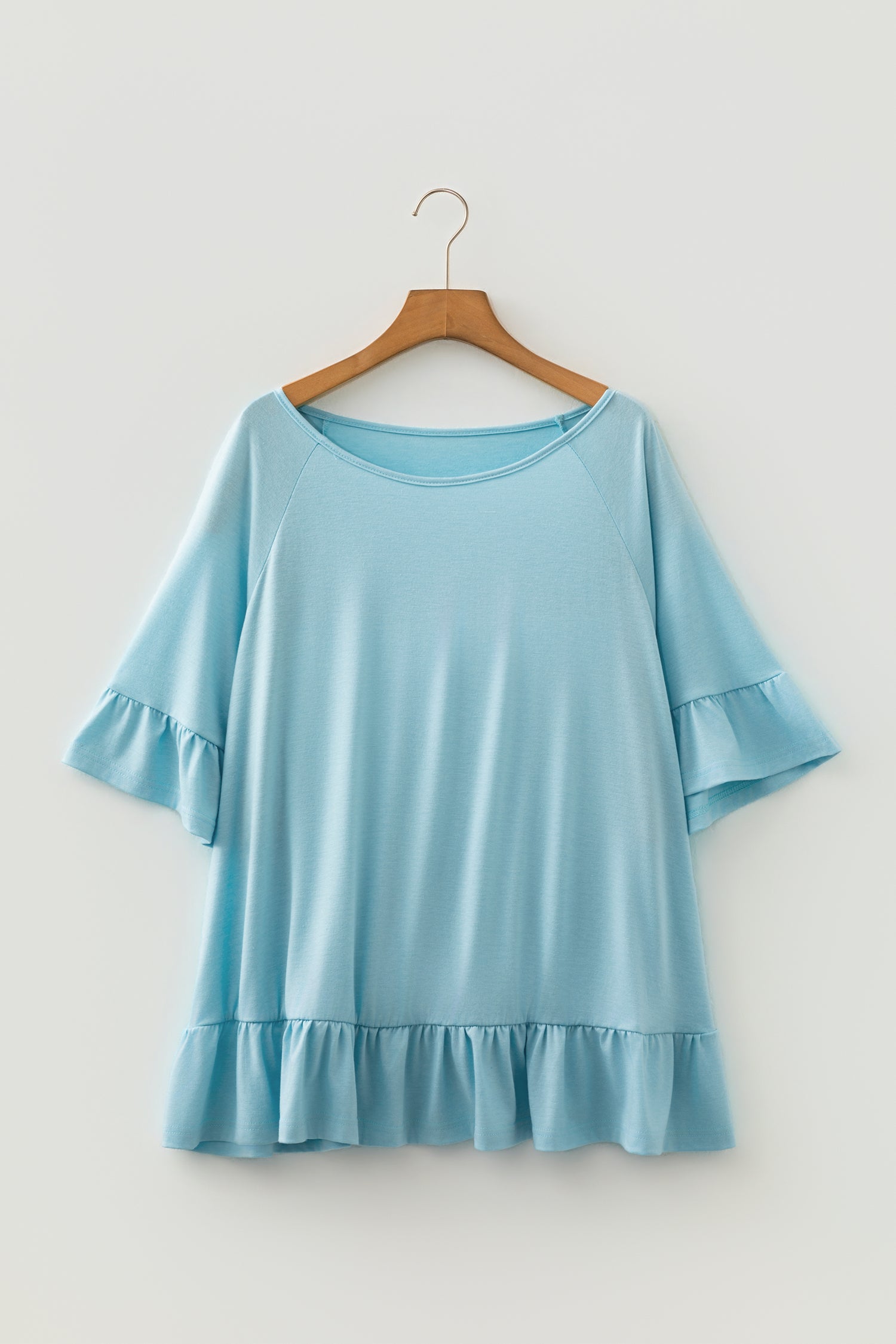 Light Blue Ruffled Short Sleeve Plus Size Casual Blouse-Plus Size/Plus Size Tops/Plus Size Blouses & Shirts-[Adult]-[Female]-2022 Online Blue Zone Planet