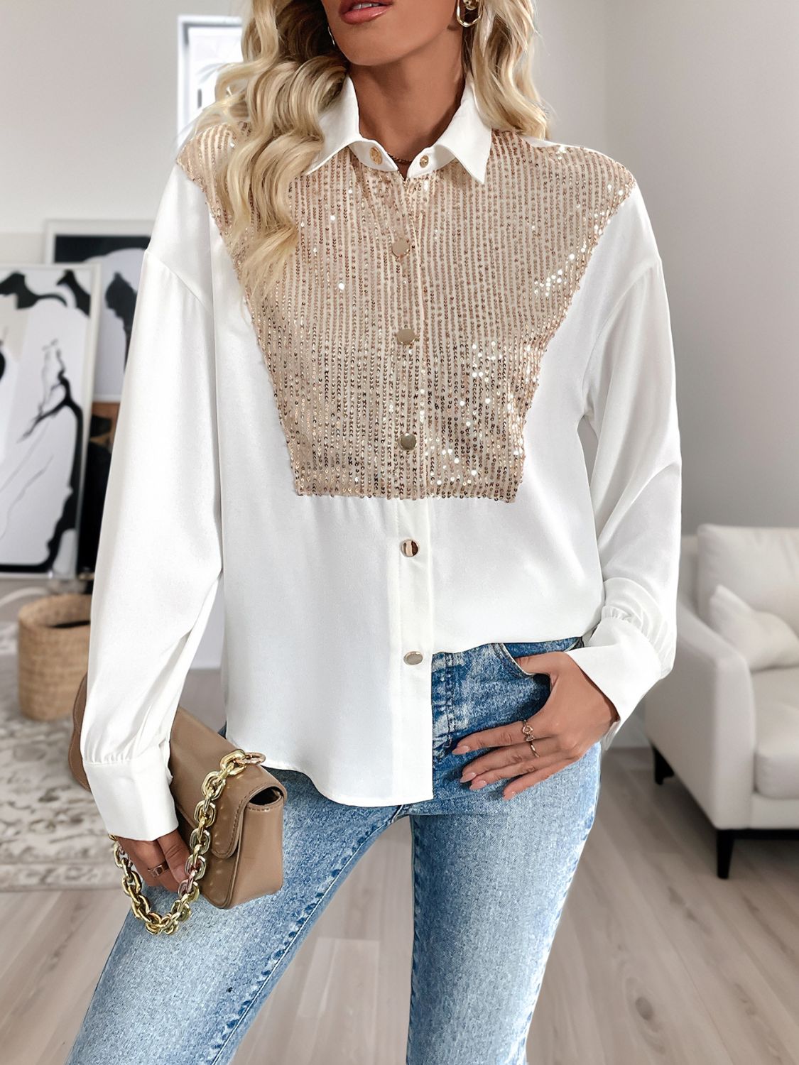 Perfee Sequin Contrast Collared Neck Long Sleeve Shirt-TOPS / DRESSES-[Adult]-[Female]-White-S-2022 Online Blue Zone Planet