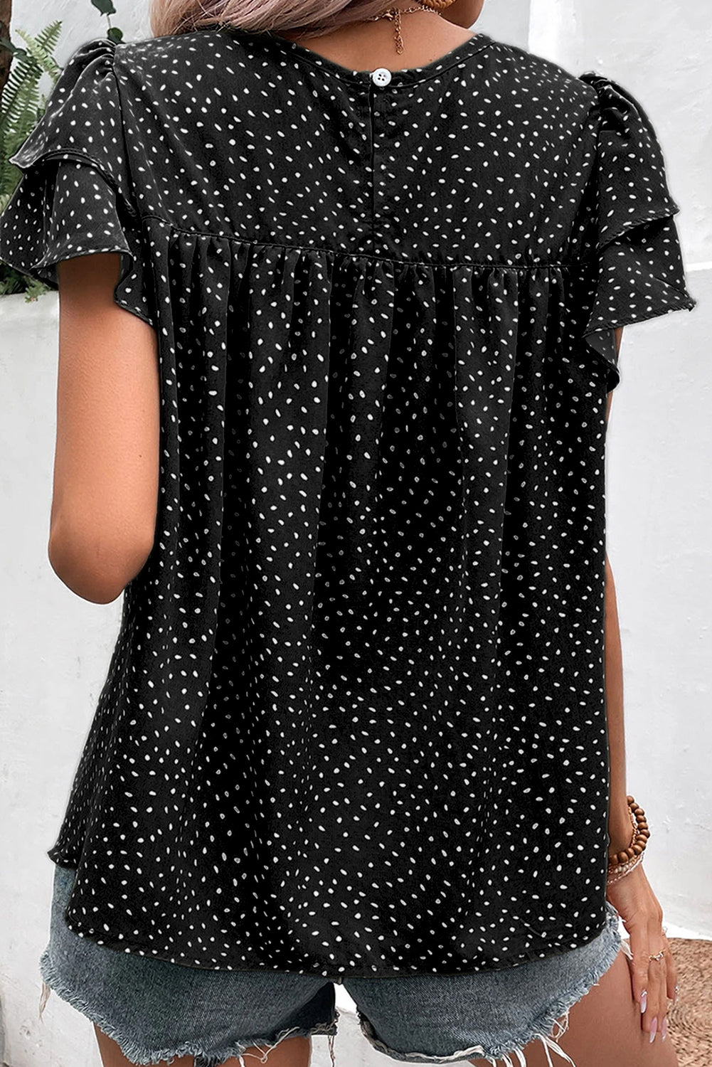 Laurel Green Dotted Ruffle Sleeve Crew Neck Ruched Blouse-Tops/Blouses & Shirts-[Adult]-[Female]-2022 Online Blue Zone Planet