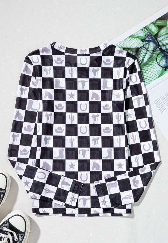 Checkered Mock Neck Long Sleeve Top-TOPS / DRESSES-[Adult]-[Female]-2022 Online Blue Zone Planet