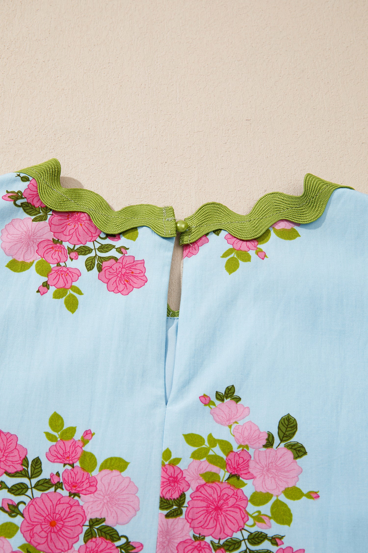 Sky Blue Floral Printed Contrast Ricrac Detail Bubble Sleeve Dress-TOPS / DRESSES-[Adult]-[Female]-2022 Online Blue Zone Planet