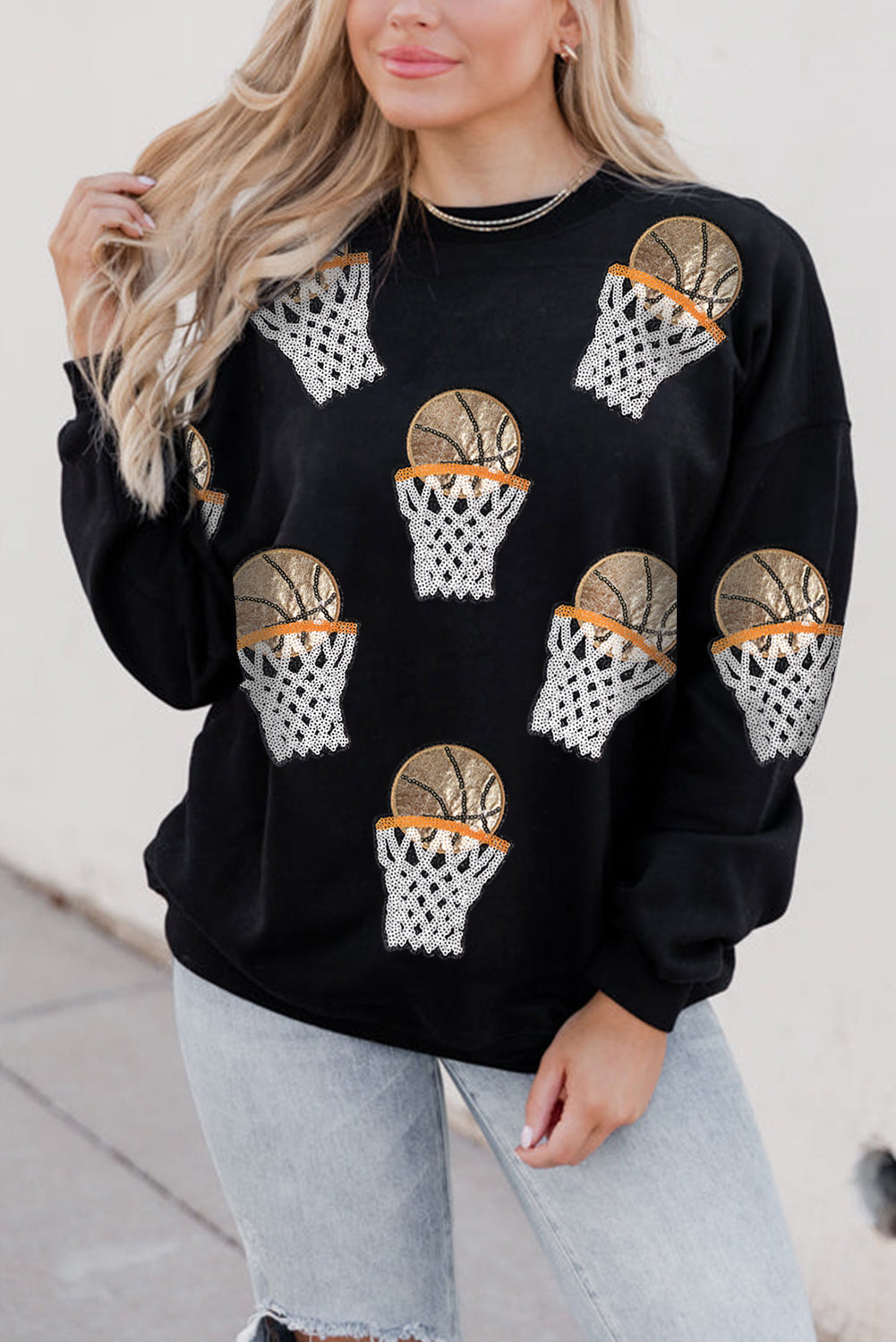 Black Basketball Patched Game Day Crew Neck Graphic Sweatshirt-Graphic/Graphic Sweatshirts-[Adult]-[Female]-2022 Online Blue Zone Planet