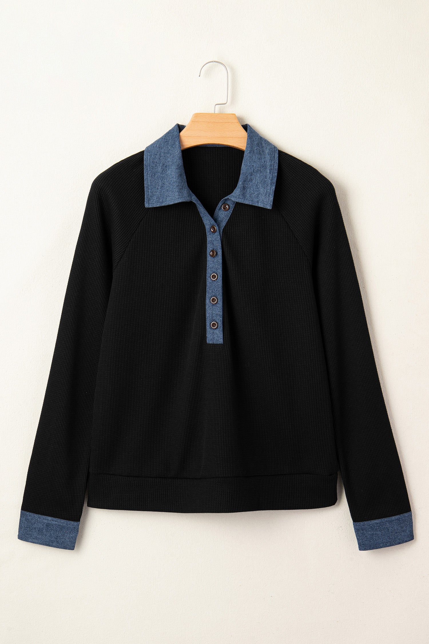 Black Textured Knit Denim Patchwork Button Polo Collar Long Sleeve Top-Tops/Long Sleeve Tops-[Adult]-[Female]-2022 Online Blue Zone Planet
