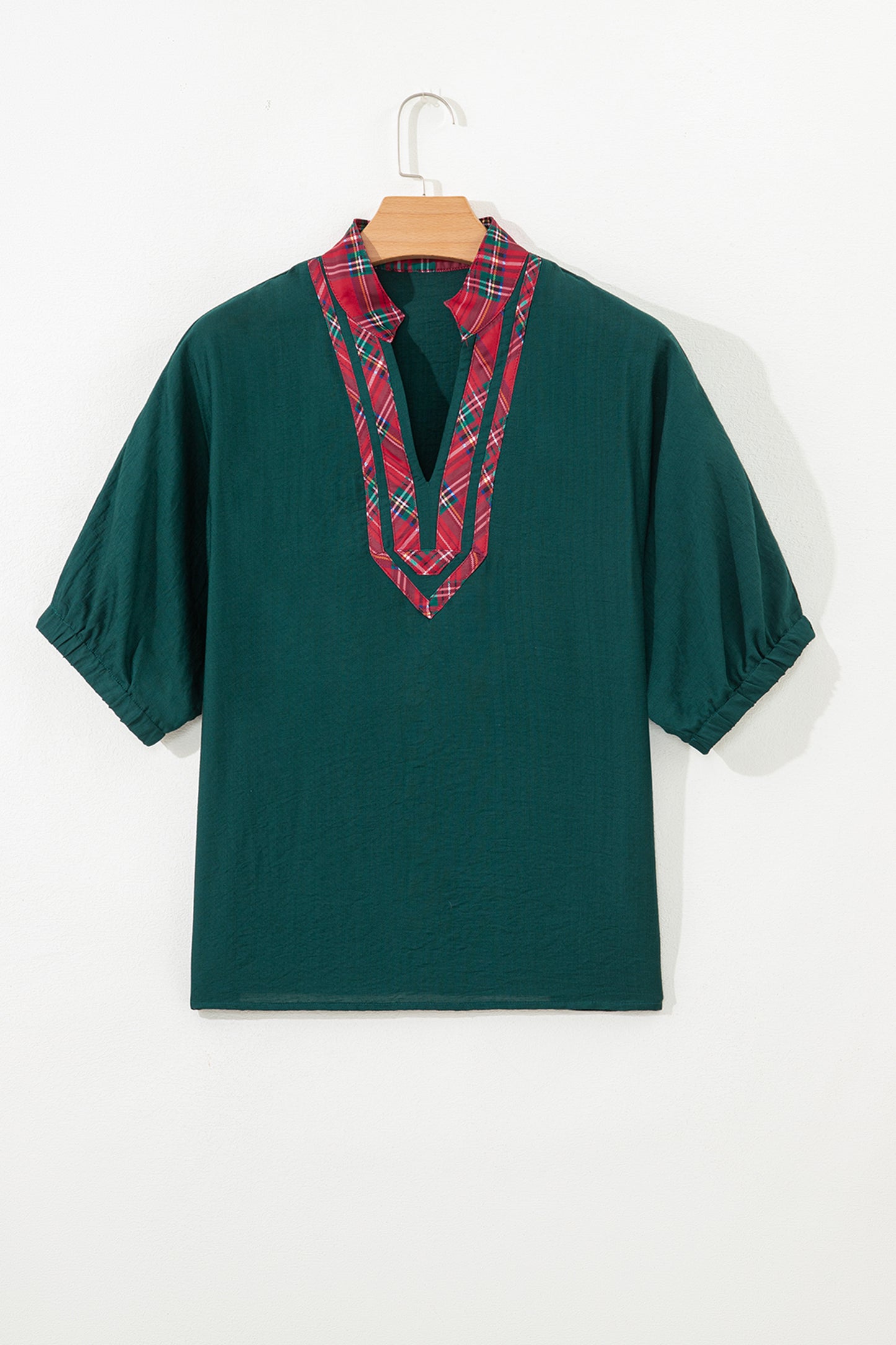 Evergreen Contrast Plaid Patchwork V Neck Half Sleeve Blouse-Tops/Blouses & Shirts-[Adult]-[Female]-2022 Online Blue Zone Planet