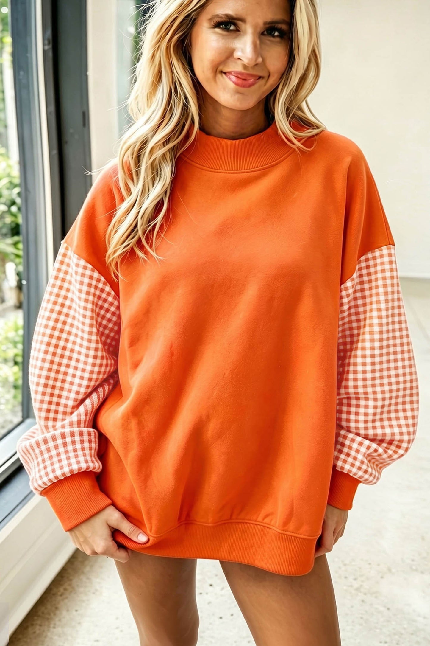 Evergreen Plaid Sleeve Colorblock Loose Tunic Sweatshirt