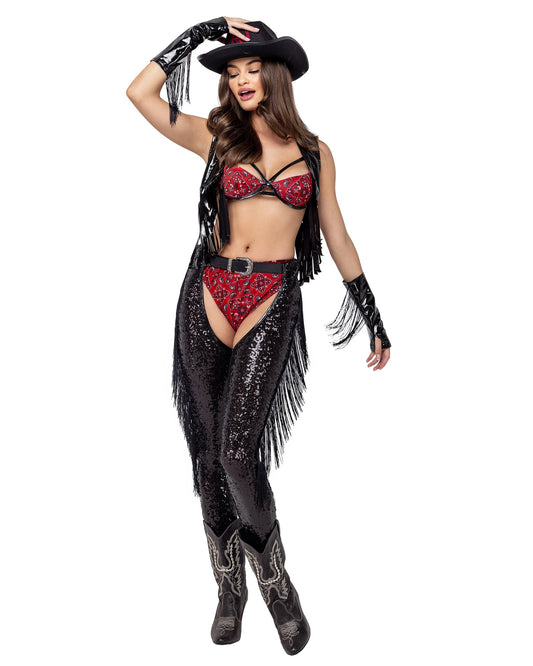 6 Piece Saddle-up Cowgirl Halloween Costume-[Adult]-[Female]-Black/Red-S-2022 Online Blue Zone Planet