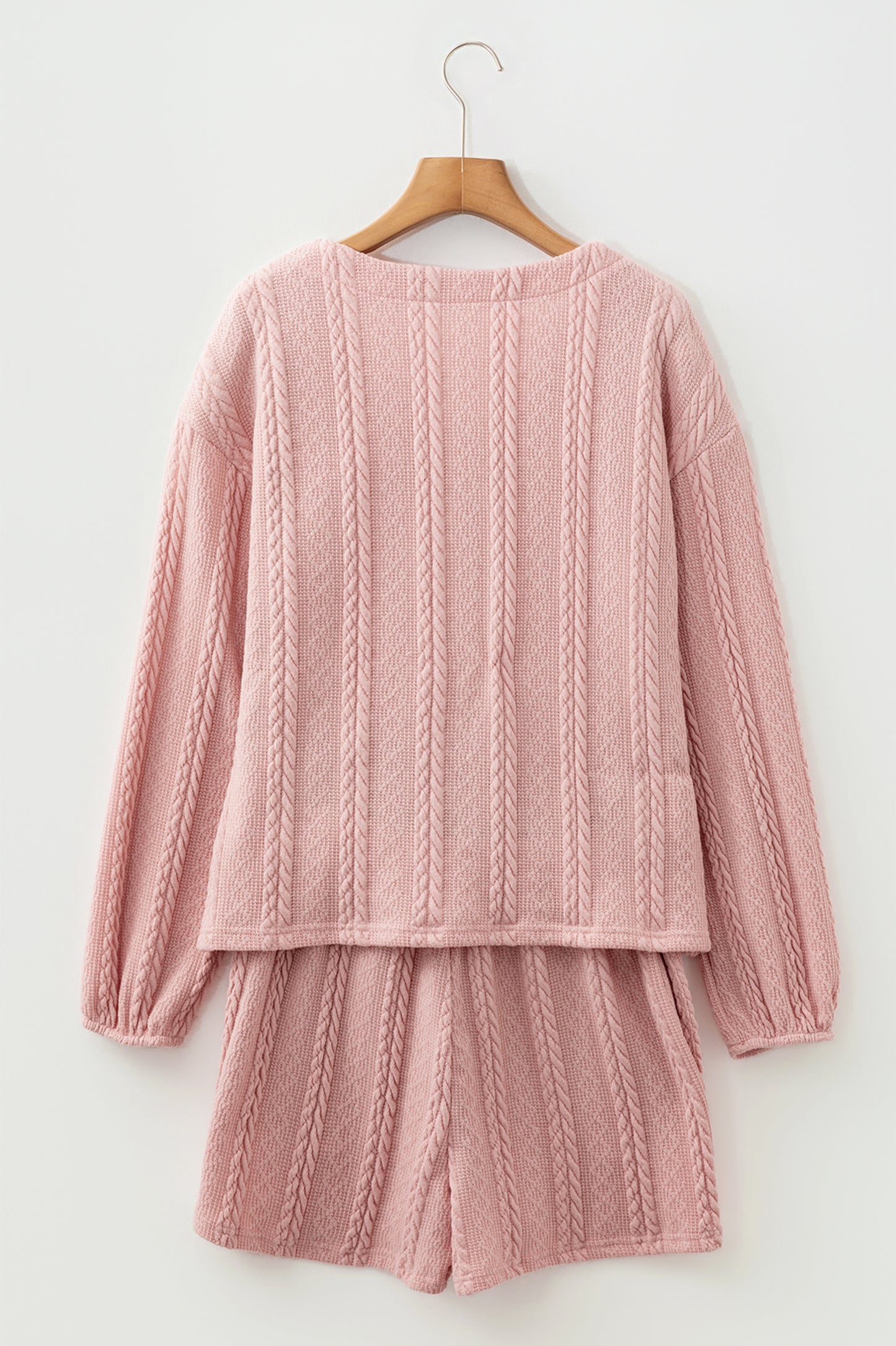 Gossamer Pink Cable Knit V Neck Cardigan Shorts Set-Two Piece Sets/Short Sets-[Adult]-[Female]-2022 Online Blue Zone Planet
